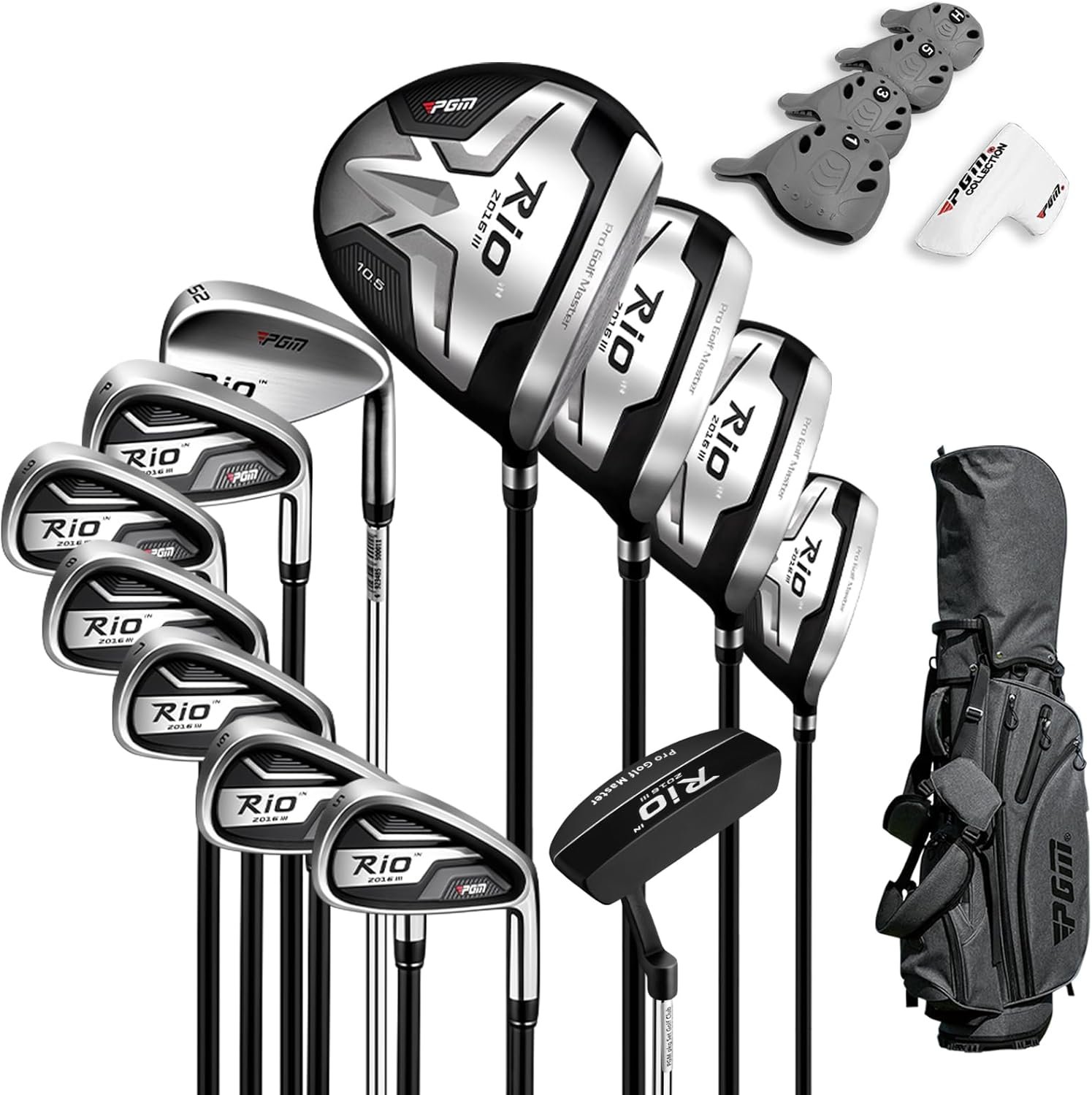 PGM Men’s Complete Golf Club Sets – 12 Pieces – 3 Wood (#1,3,5), 1 Hybrid (#4H), 6 Irons(#5,6,7,8,9,PW), 1 Sand Wedge (52°), 1 Putter – Golf Stand Bag – Titanium Club Head, Graptlite Shaft