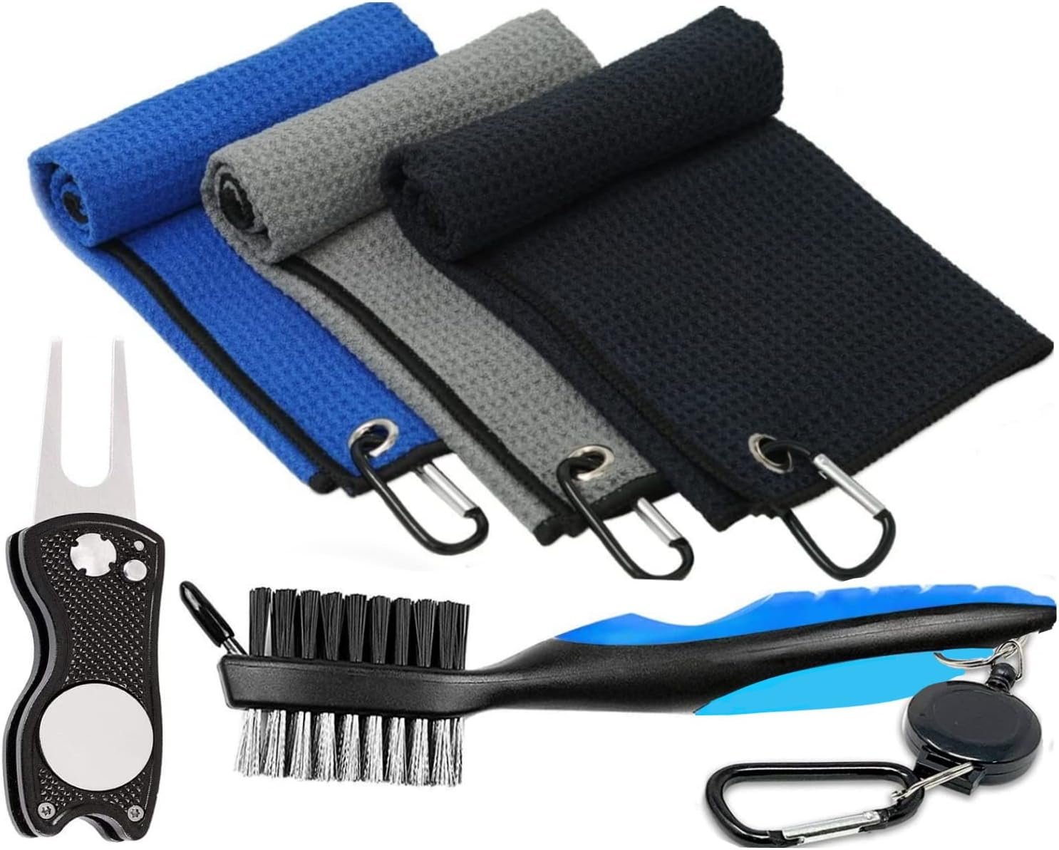 Golf Towel Pack – 3 Microfiber Waffle Pattern Golf Towels Including Golf Club Brush and Groove Cleaner Divot Repair Tool