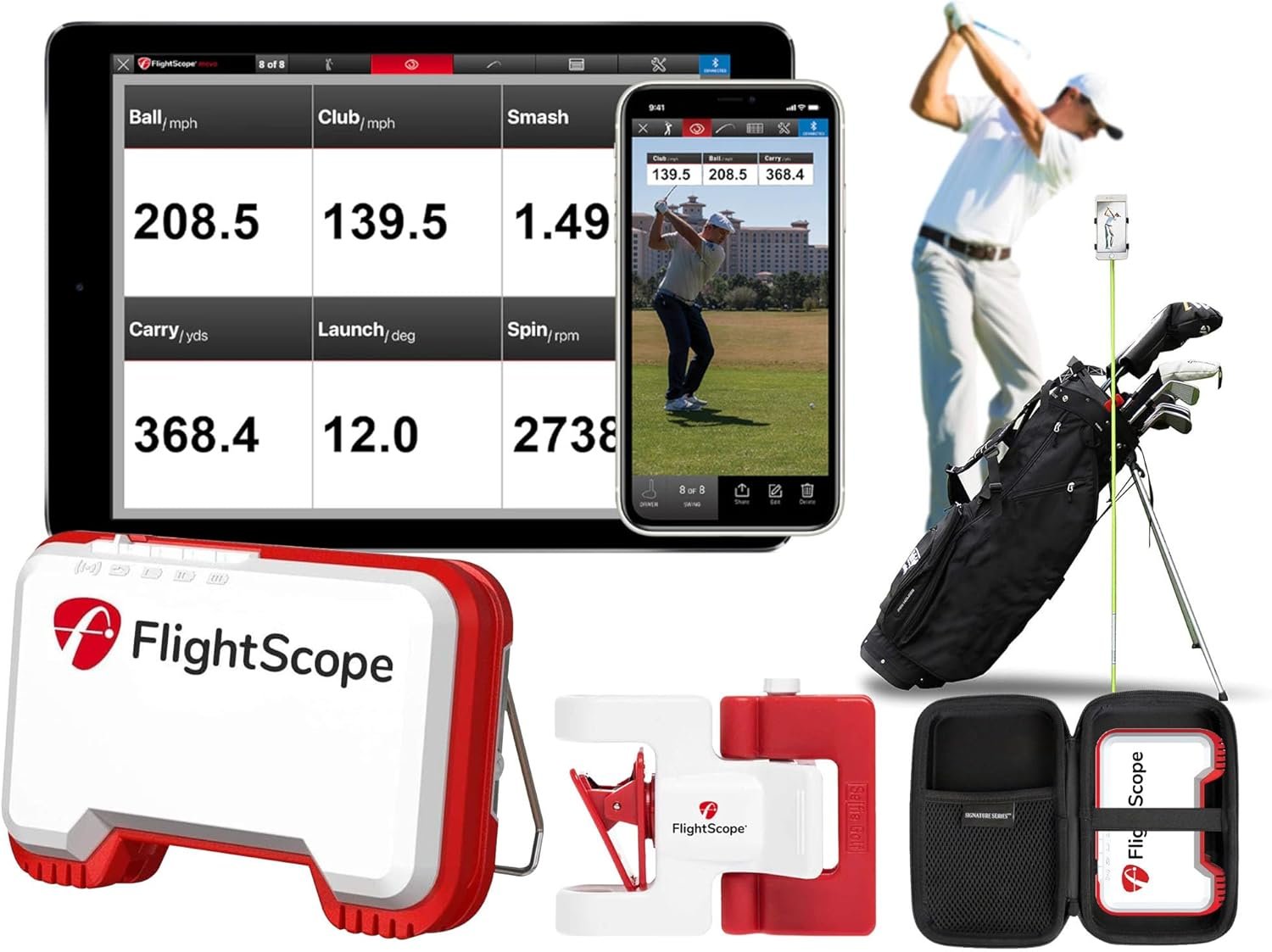 FlightScope Mevo Golf Launch Monitor with SelfieGolf Ultimate Phone Clip | 8 Swing Data Parameters with Real Time Data and Shot Tracer with GPS Overview | Indoor and Outdoor | Signature Series Case