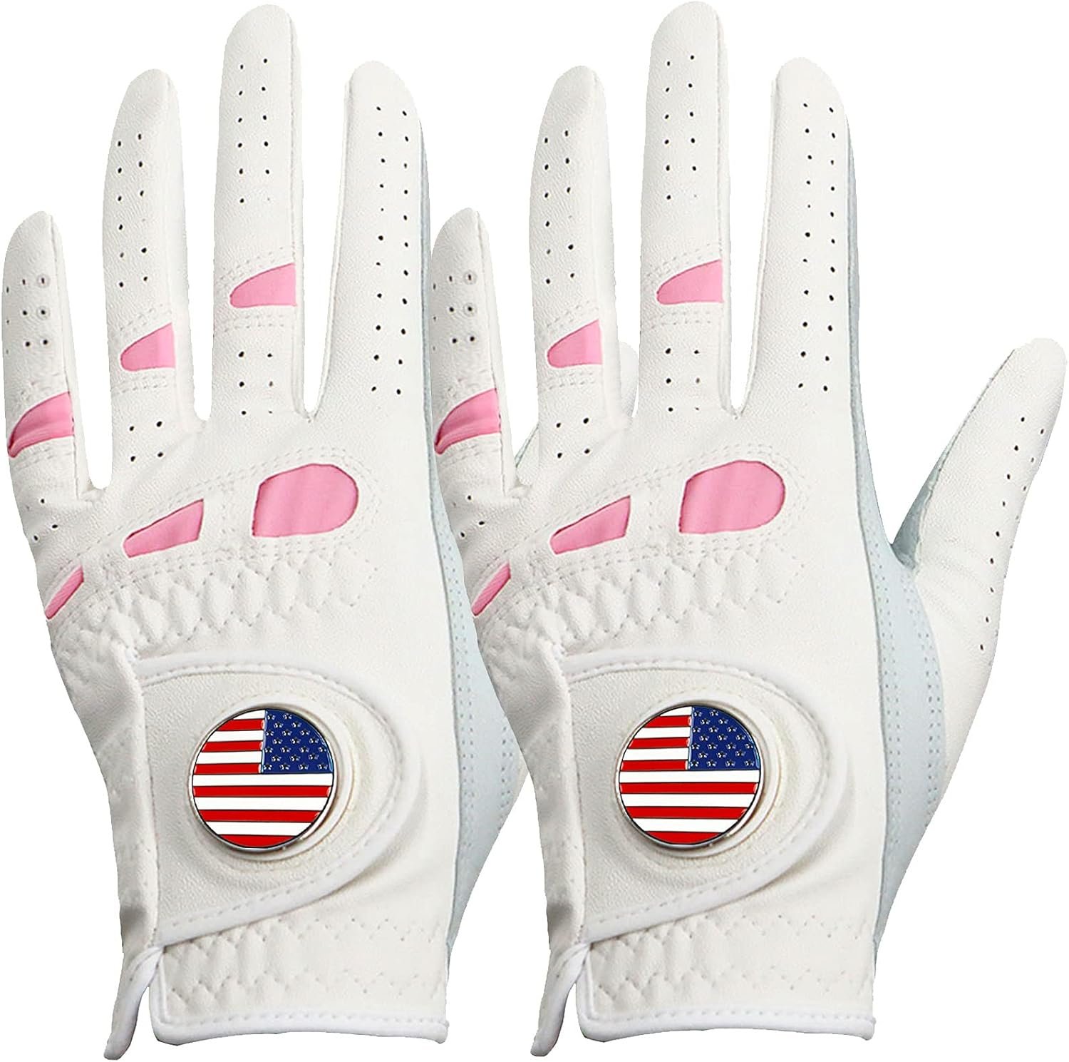 Amy Sport Women’s Golf Gloves Left Hand Right with Ball Marker Value 2 Pack, All Weather Grip Rain Soft Leather Pink Size Small Medium Large XL