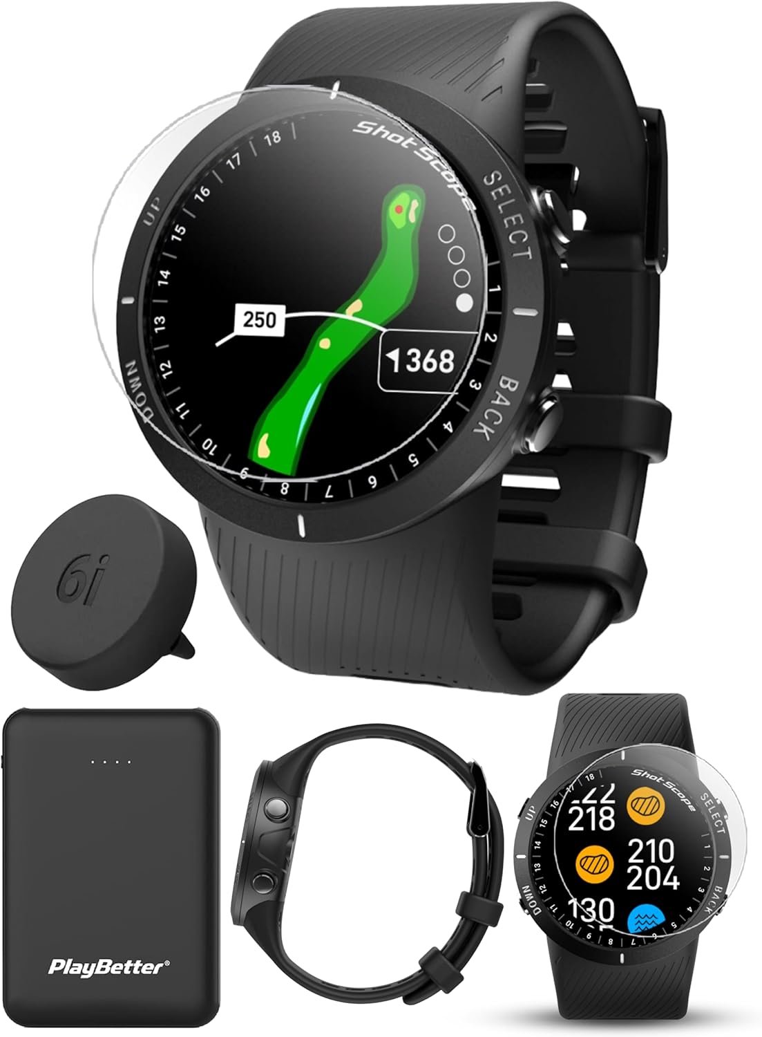 Shot Scope V5 Golf GPS Watch Bundle – Automatic Performance Tracking, Full Hole Maps, Distances to Greens, Hazards, Doglegs with PlayBetter Portable Charger & HD Screen Protectors