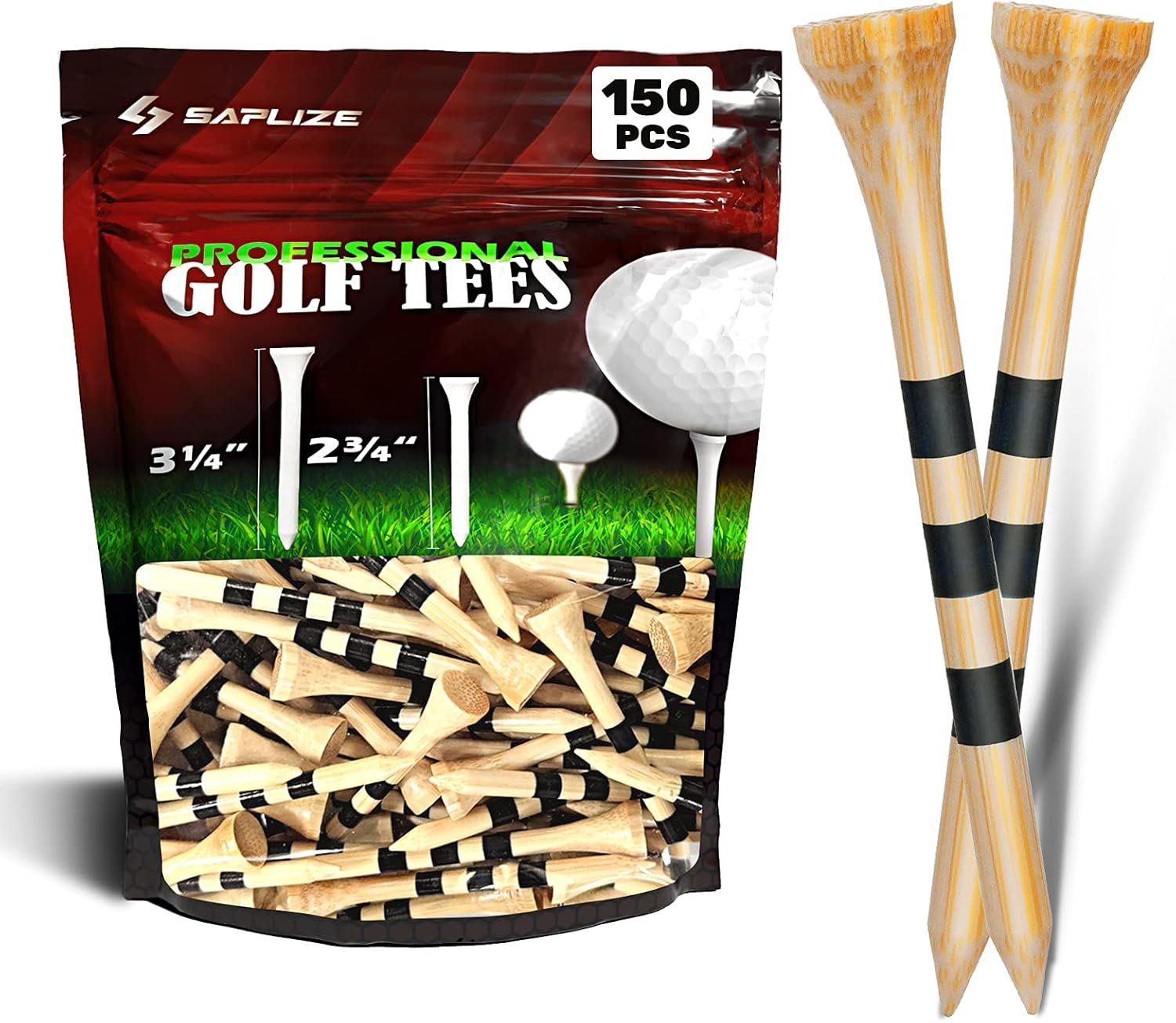 SAPLIZE Bamboo Golf Tees Pack of 100 or 150, Four Size Options (3-1/4″, 2-3/4″, 2-1/8″, 1-1/2″), Stable and Reliable Golf Tees, Available in Natural Color