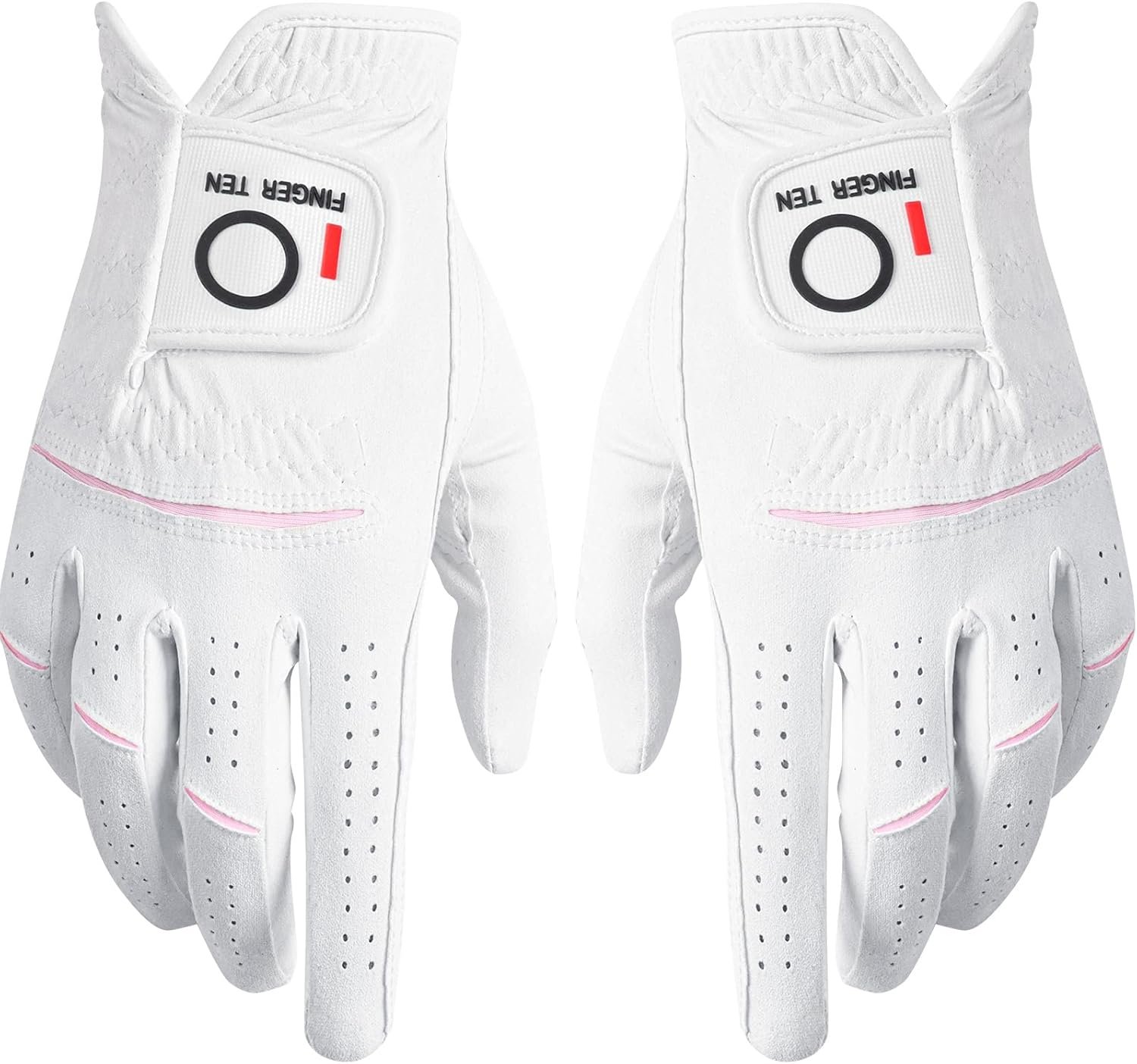 FINGER TEN Womens Ladies Golf Gloves Pair Both Hand or 2 Pack Left Right Hand, All Weather Grip & Comfortable Glove for Serious Performance, Stylish Pink White Fit S M L XL