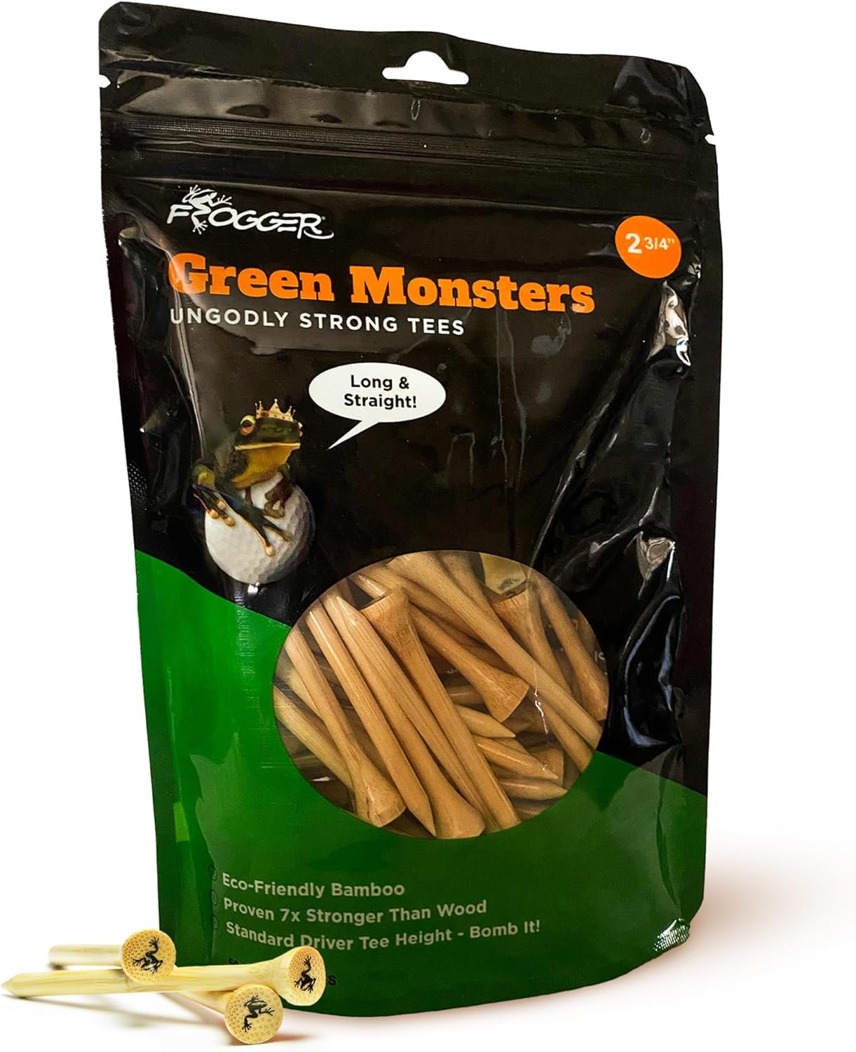 Frogger Green Monsters Premium Golf Tees, Made from Ultra-Strong and Sustainable Bamboo, Stronger Than Traditional Hard Wood Tees, 1-1/8″, 2-3/4″, and 3-1/4″ Available