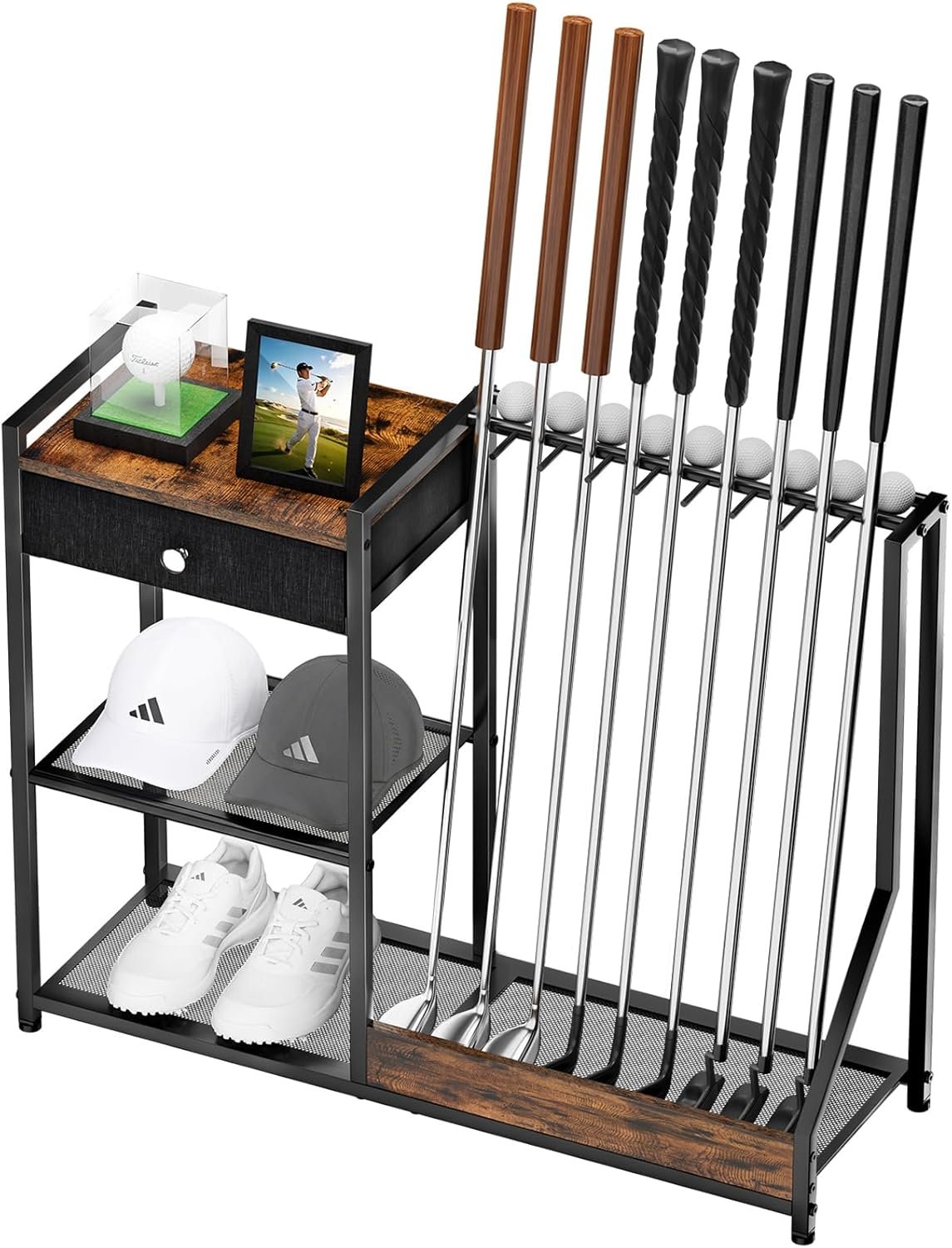 Large Golf Putter Stand, Golf Club Holder for 9 Clubs and 9 Balls Storage, Wood & Metal Golf Club Organizer, Golf Equipment Display Rack for Indoor Home Basement Garage, Club Simulator, Black