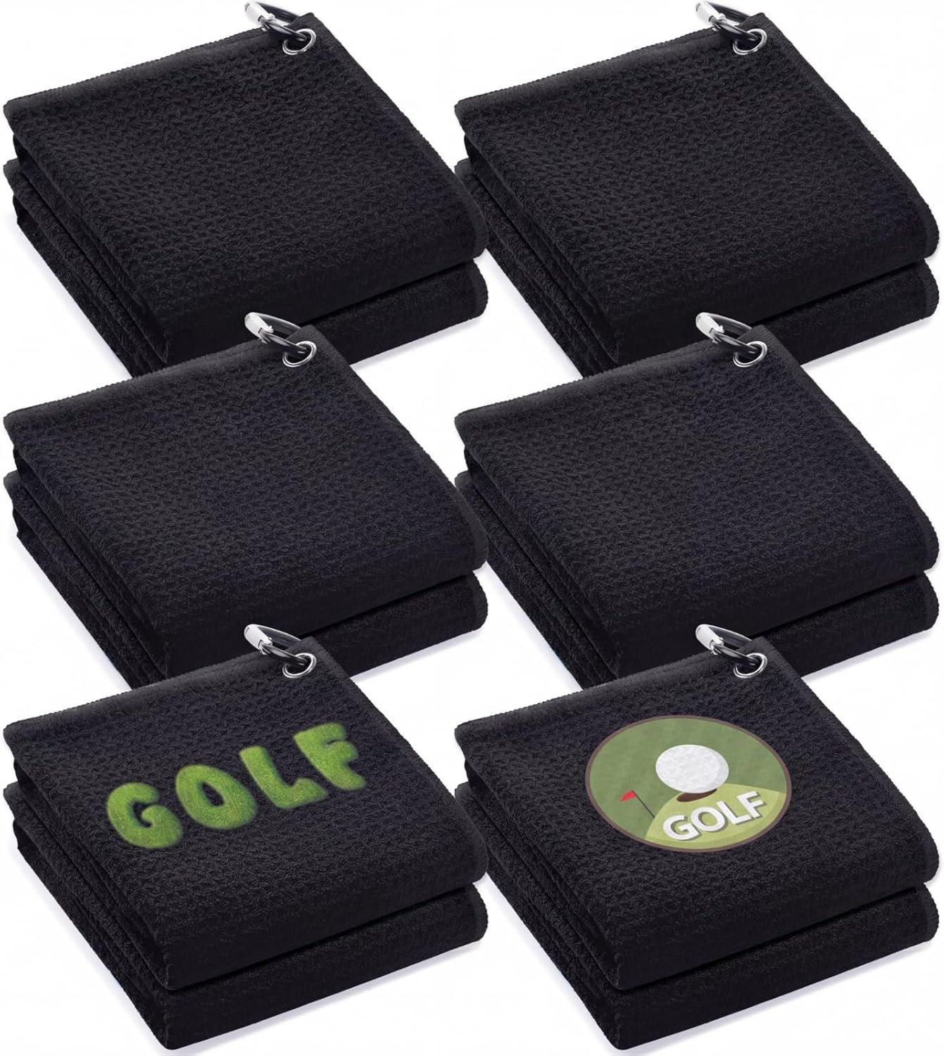 Batiyeer 6 Pcs 16″ x 16″ Golf Towel Bulk for Golf Bags Microfiber Fabric Towel with Clip Waffle Pattern, Fitness, Camping, Hiking, Yoga (Black)