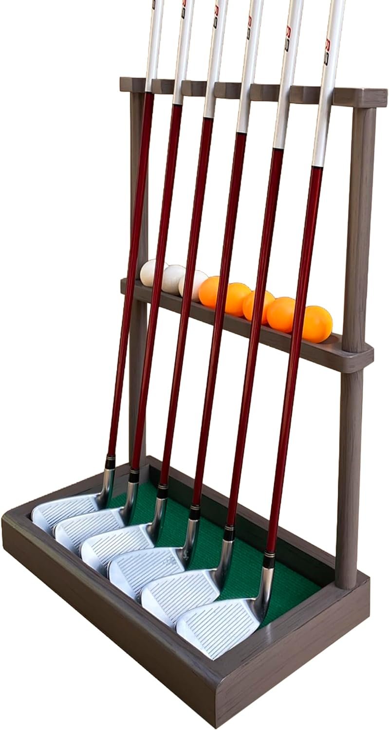 Golf Club Rack Stand, Solid Wood Golf Club & Putter Display Rack, Golf Club Organizer Holds Up to 6 Clubs with Ball Storage, Floor Rack for Indoor Golf Simulator, Office or Home