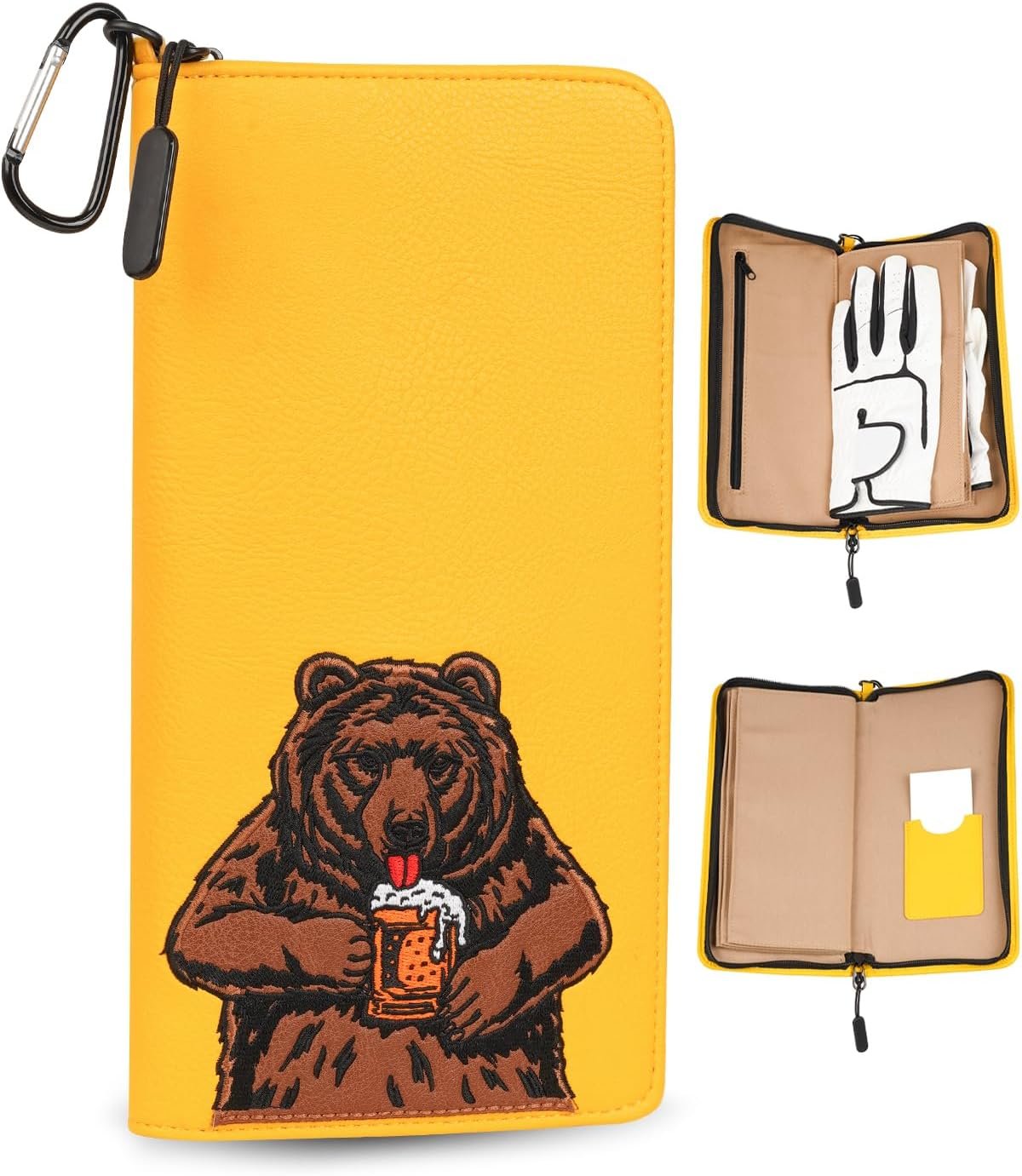 Golf Glove Holder Case for Accessories Portable Golfer Gifts for Men & Women Caddy Organizer Case with Storage Slots for Cards, Tees & Ball Markers Embroidered Beer Bear
