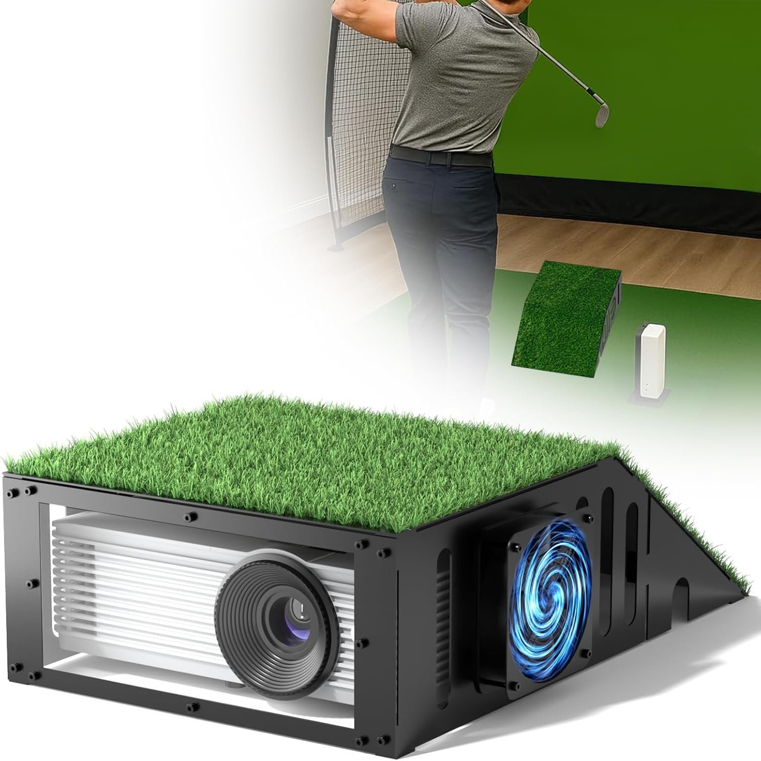 Golf Simulator Projector Cover Enclosure with Turf – Heavy Duty Floor Mounted Golf Sim Enclosure with Quiet Cooling Fan- Total Protection for Your Simulation Setup