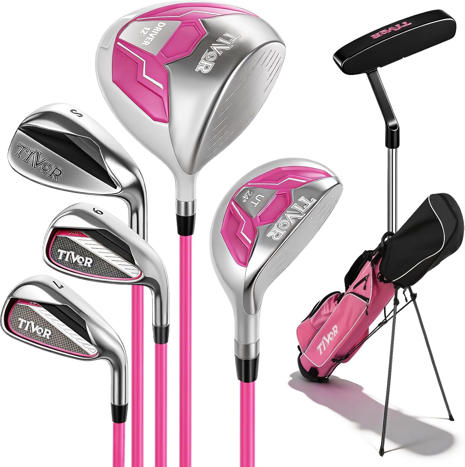 Golf Clubs Set 7-Piece Complete Set with Driver Hybrid 7 Iron 9 Iron Sand Wedge Putter Stand Bag for Women Men Right Left Handed – Beginner Golf Sets Pink Gray