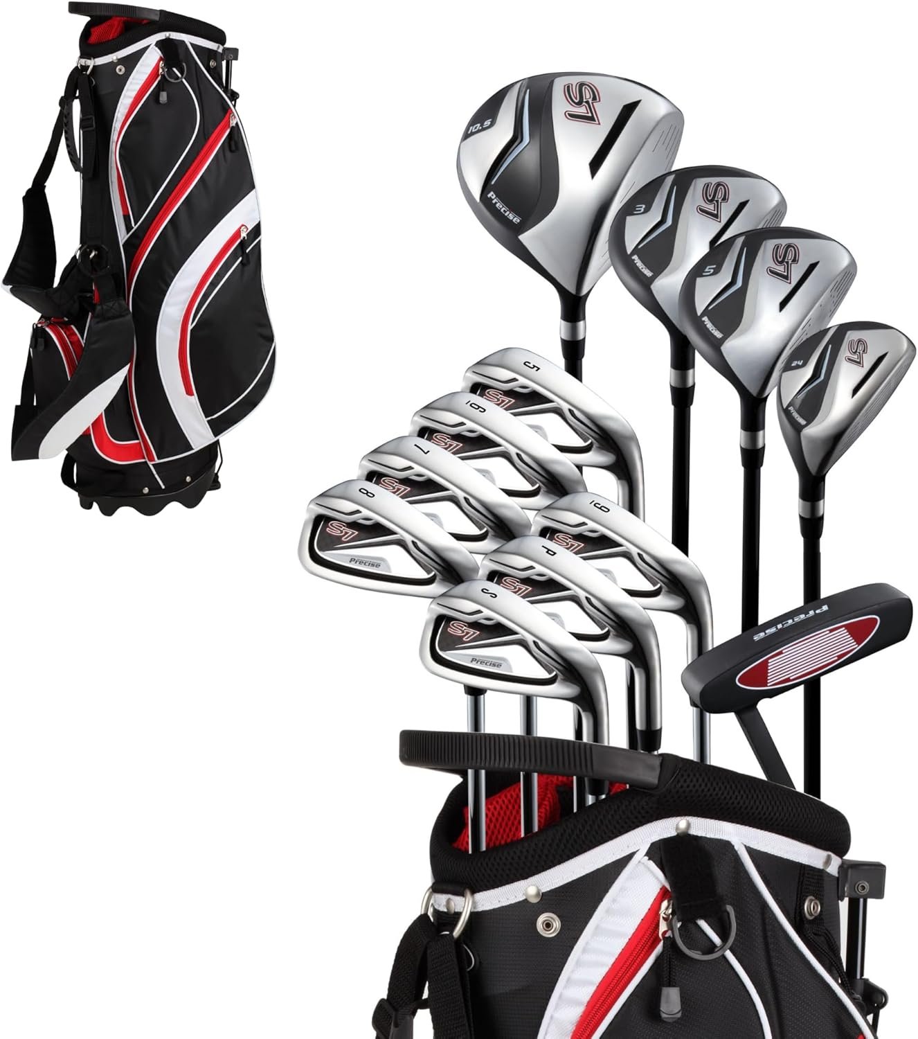 Precise S7 Men’s 18-Piece Complete Golf Club Set – Titanium Driver, Fairway Woods, Hybrid, 5-SW Irons, Putter & Stand Bag, Right Handed