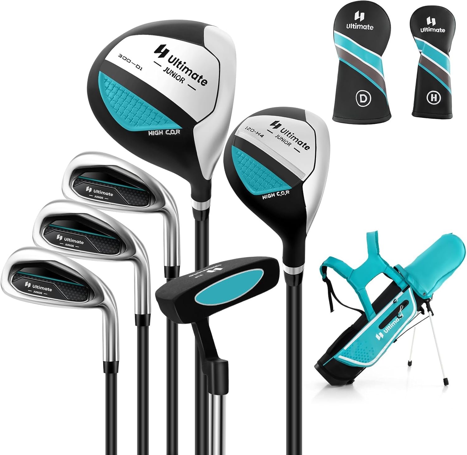 Tangkula 7 Pieces Junior Golf Club Set for Kids Age 11-13 Right Hand, Children’s Golf Clubs Set with #1 Driver & #4 Hybrid & #7/#9/#S Irons & Putter, Head Covers, Golf Stand Bag with Rain Hood