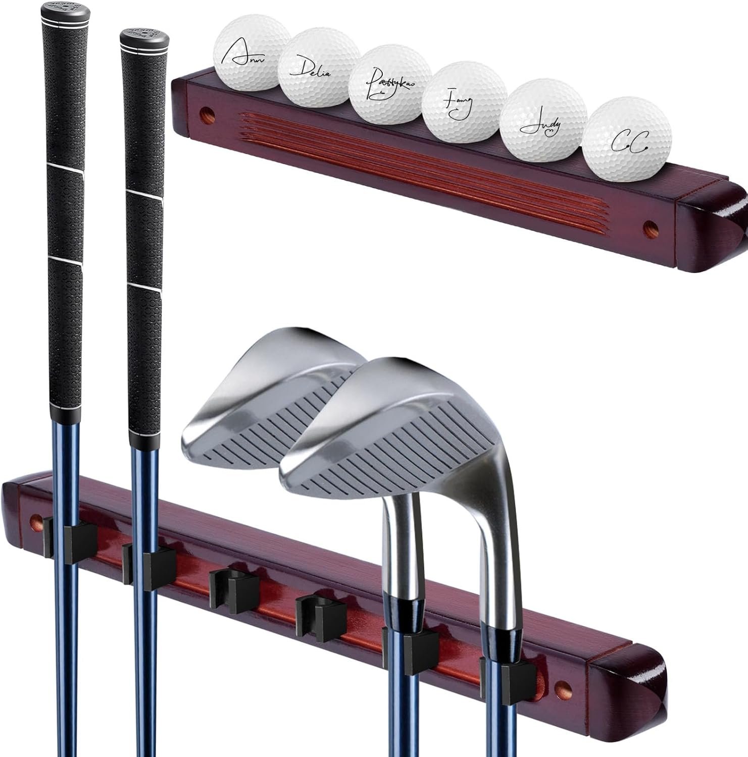 Wall Mounted Golf Club Display Rack, 2 Pack Wooden Golf Putter & Wedge Holder with 6 Secure Clips, Golf Ball Display Shelf, Premium Wall Storage & Organizer for Home, Office, Man Cave, Pro Shop
