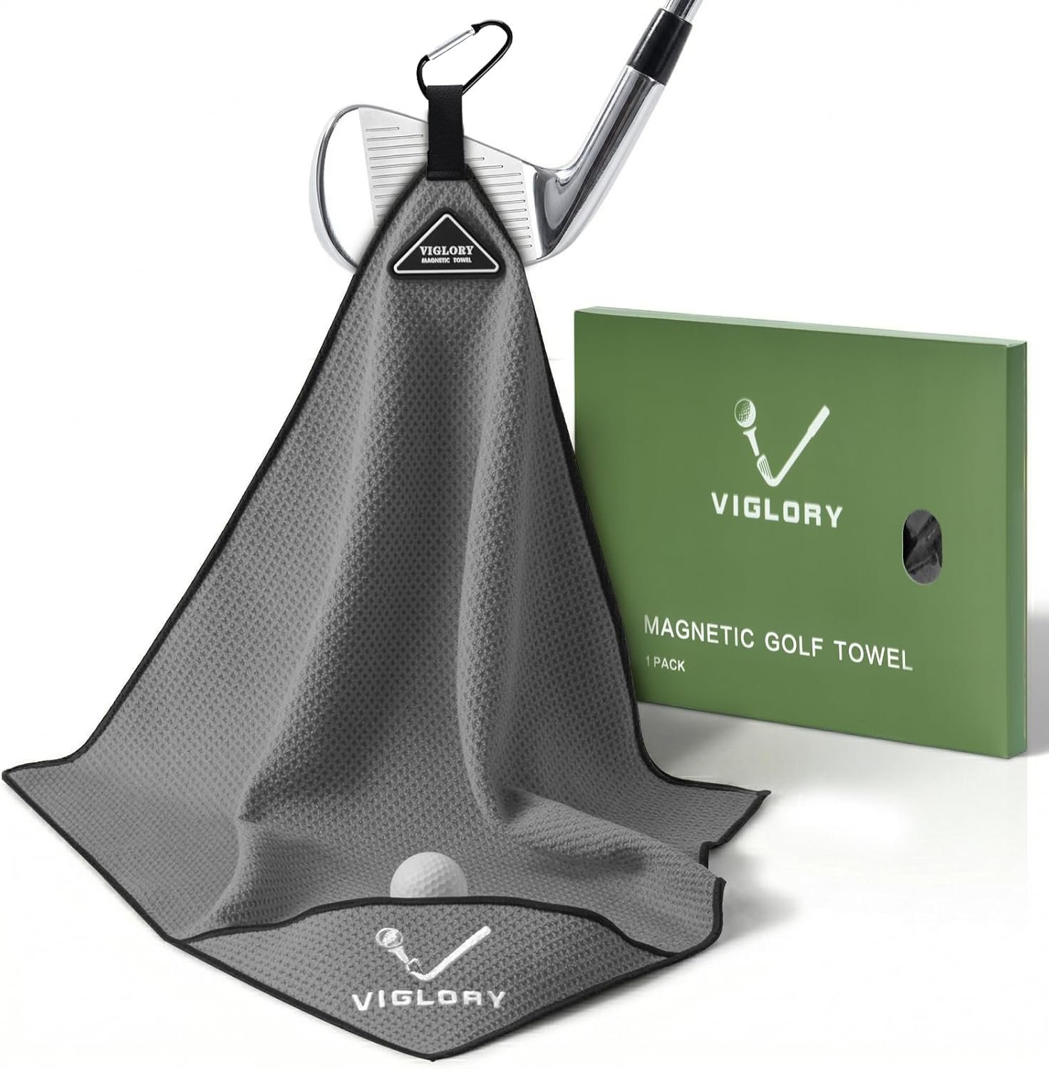 Magnetic Golf Towel 18″x18″ with Cleaning Pocket, No-Bend Back Saver Design, Ultra Absorbent Waffle Microfiber Club Ball Cleaner, Golf Accessories and Gifts for Men Women (Grey)