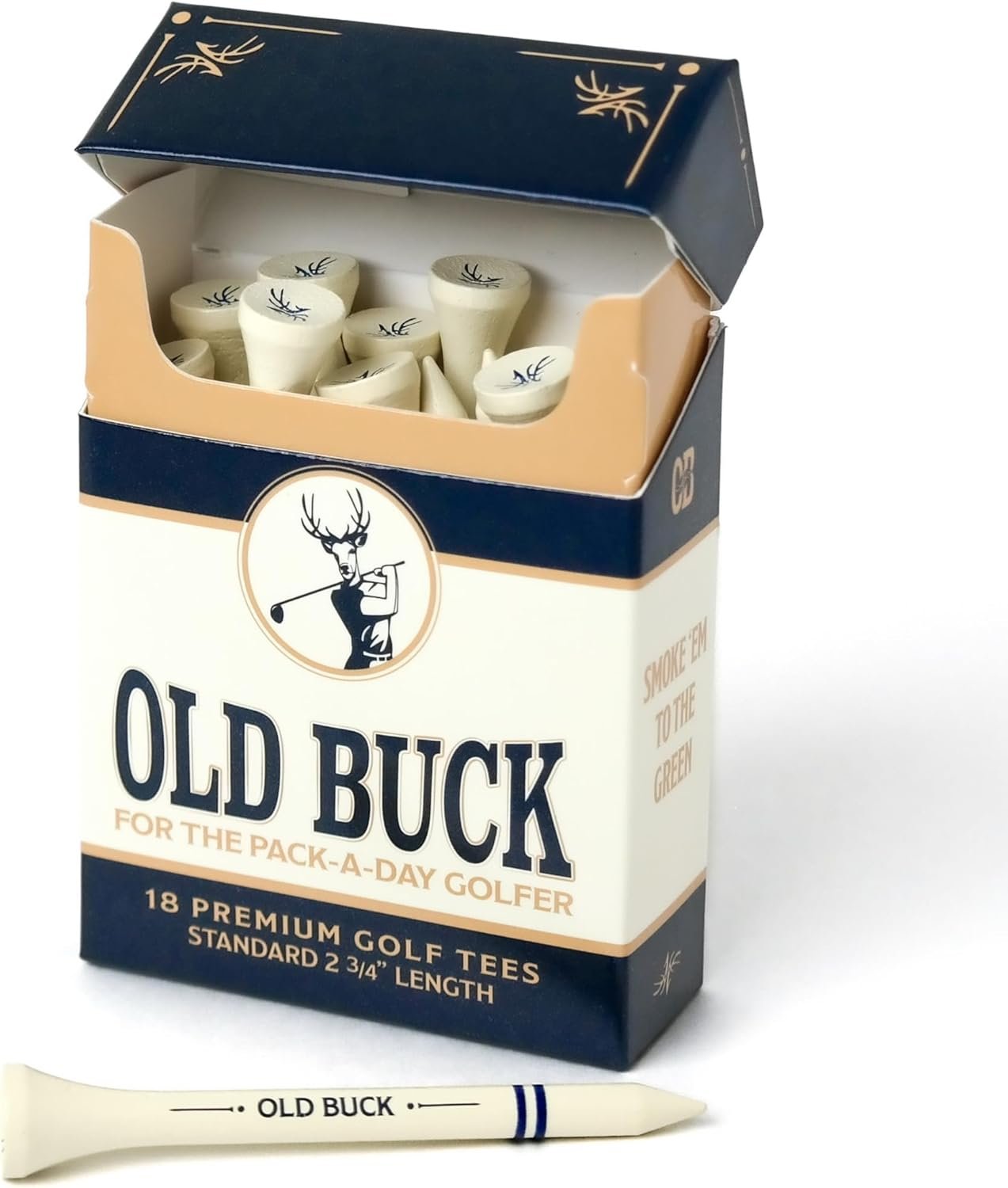 Old Buck 2 3/4″ Bamboo Golf Tees, Premium Wooden Driver Tees in Cigarette-Style Carton — 18 Tees — Novelty Golf Gift for Men, Dad & Groomsmen