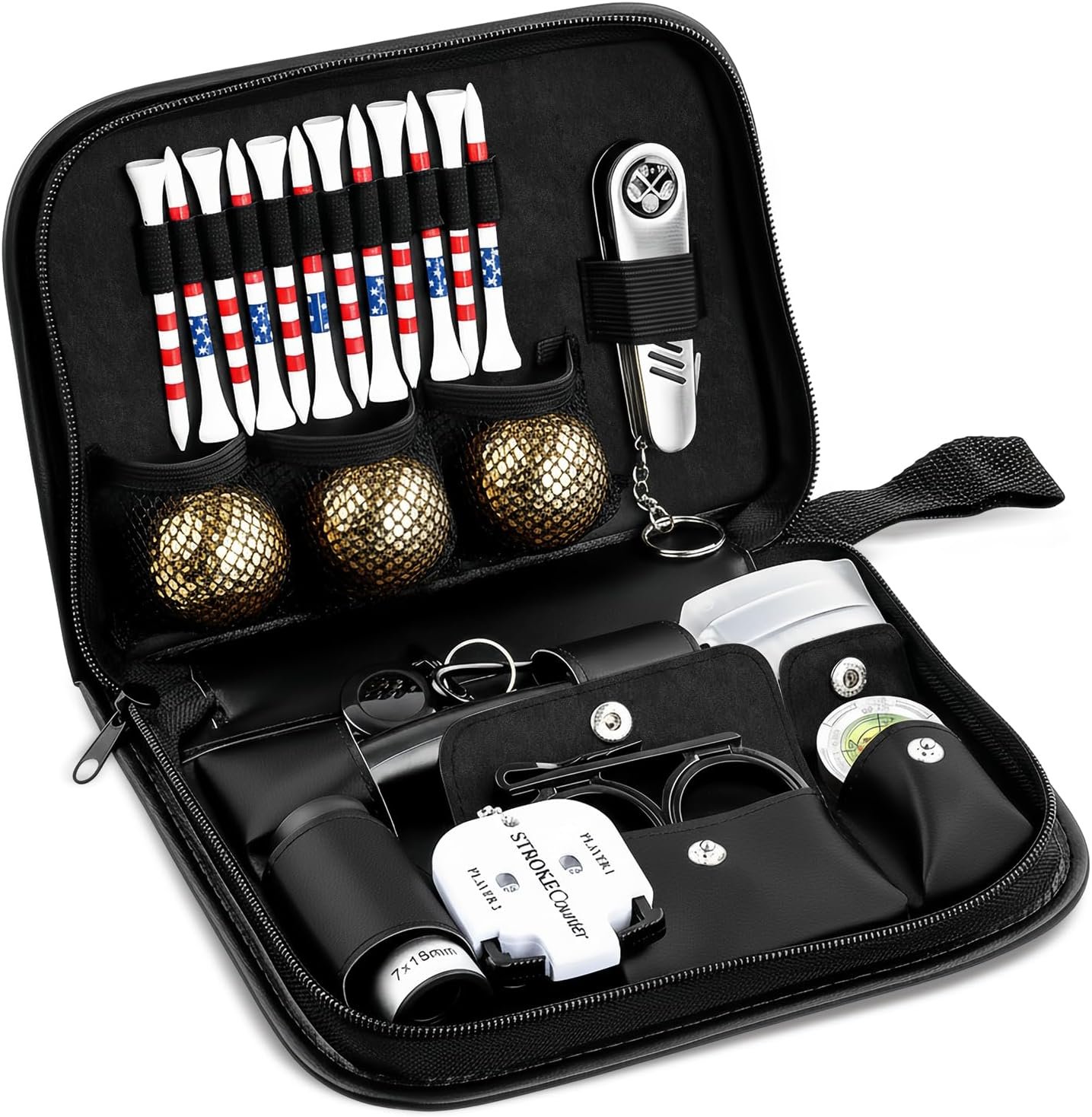 Golf Gifts for Men and Women, Golf Accessories Set with Gold Golf Balls, Telescope, Golf Tees, Brush, Divot Tool, Golf Green Reader, Scorer, Golf Ball Clamp Golf Tool Set Storage Case (Brown)