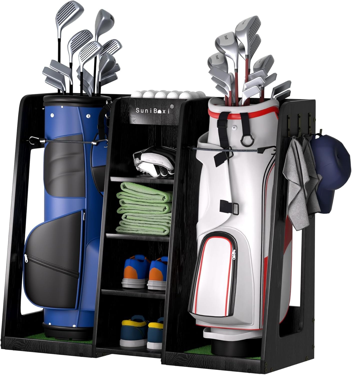 SuniBoxi Wooden Golf Storage Organizer for Garage, Premium Golf Bag Holder Rack for Golfing Accessories, Great Gift for Golfers,Husband, Dad(2 Bags,Dark Black)