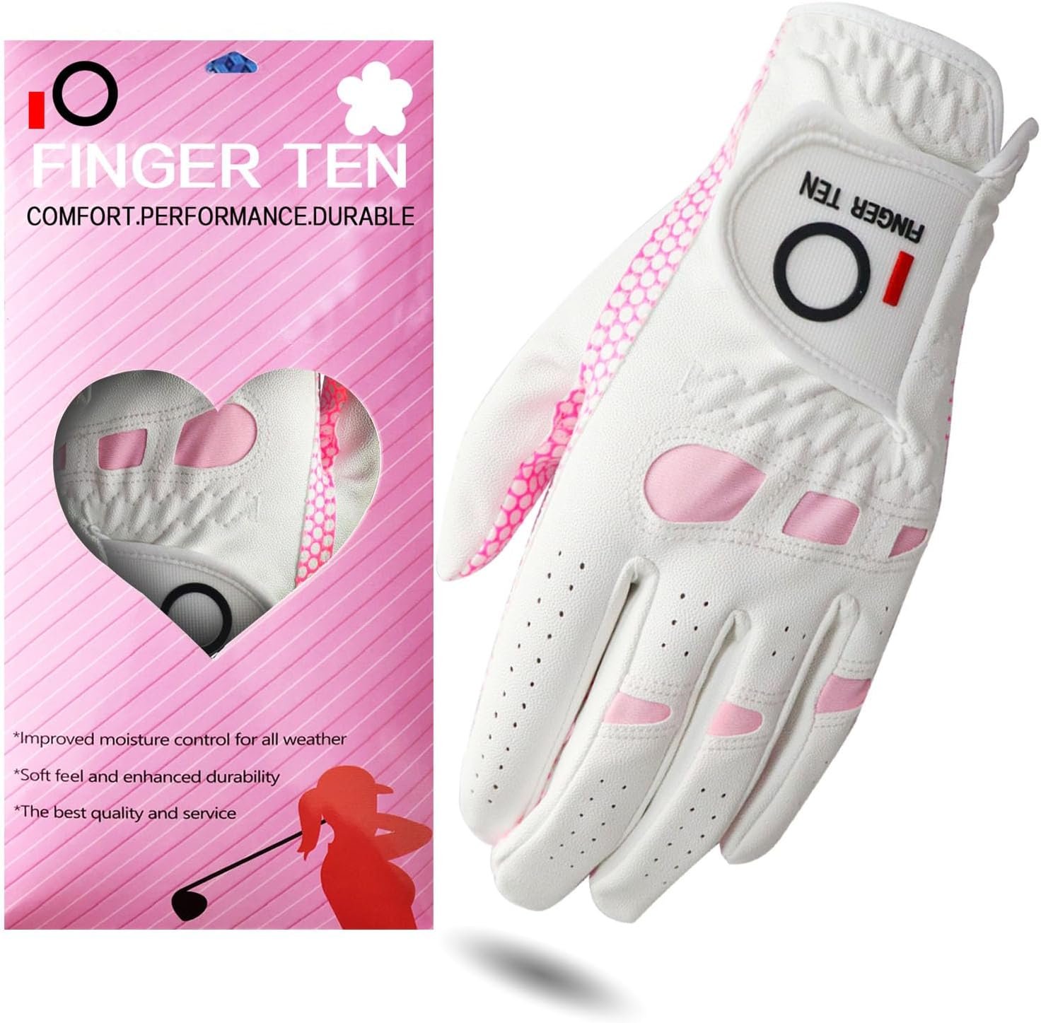 FINGER TEN All Weather Grip Ladies Golf Gloves 1 Pack for Left and Right Hand Golfers, Soft Golf Glove LH RH, Sizes S M L XL