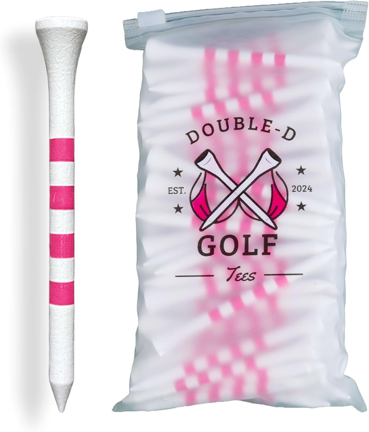 Bamboo Golf Tees Supporting Breast Cancer Research | Profit Donation | Two Size Options (2 3/4″ & 3 1/4″) | Striped Pink and White | Biodegradable & Eco-Friendly