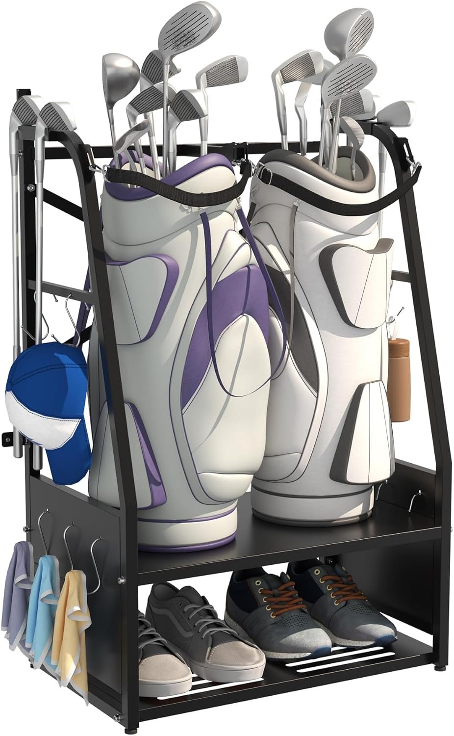 Golf Bag Organizer – Wall Mount & Freestanding – Holds 2 Golf Bags w/ 4 Club Racks, 10 Hooks & Storage Shelf – Golf Bag Stand w/Adjustable Feet for Garage, Store, Club, Shed