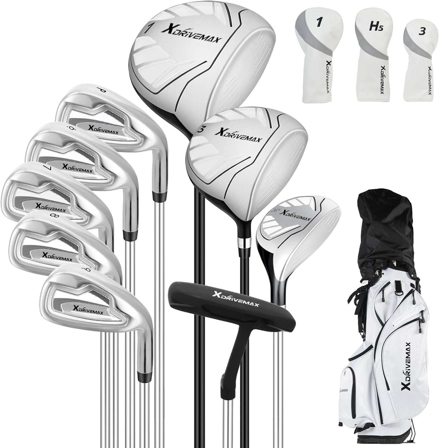 XDriveMax 10 Pieces Complete Mens Womens Golf Clubs Set Right Hand for Men Women Includes Stand Bag with Rain Hood, 1#Driver 3#Wood #5 Hybrid,with 3 Head Covers, 6# 7# 8# 9# PW# Irons and Putter