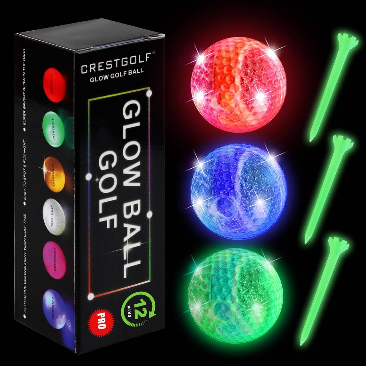 Crestgolf Glow in The Dark Golf Balls with Glow Tees, Super Bright Light Up LED Balls with 12-Minute Reset Timer, Fun Gift for Men and Women, Backyard Putting Greens
