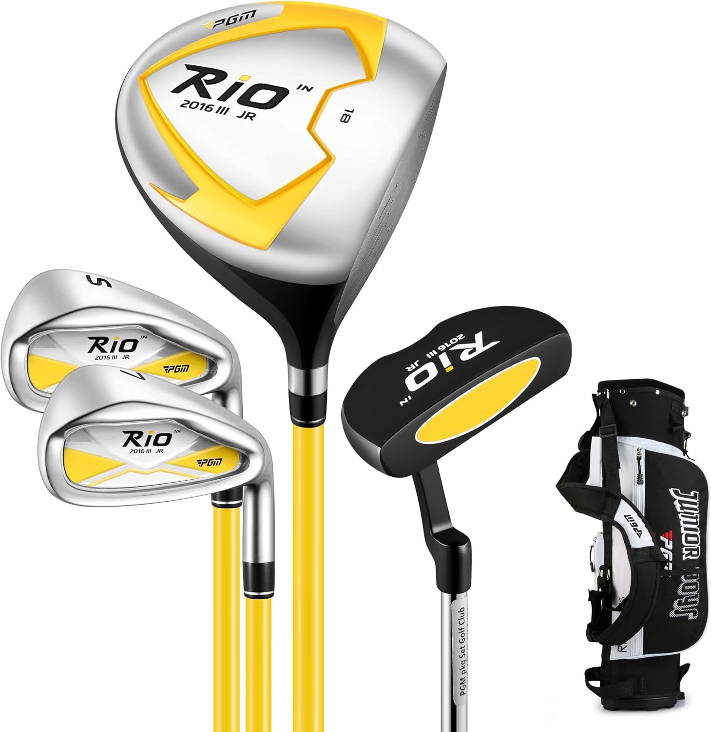 PGM Junior Golf Clubs Set – Kids Golf Clubs for Ages 3-5, 6-8, 9-12 | Right Handed – Oversized Sweet Spot 360cc Driver – Lightweight Graphite Shafts – Golf Stand Bag