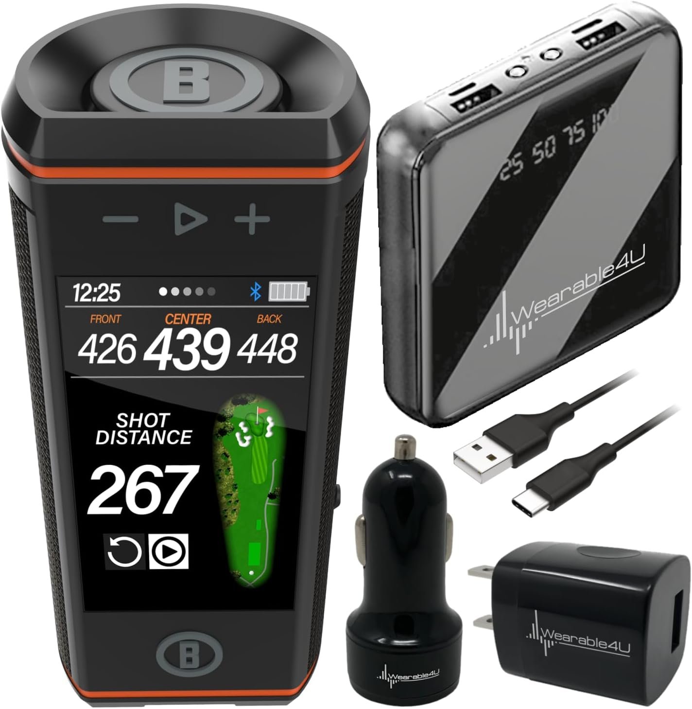 Bushnell Wingman HD View Golf Speaker, 3.5″ Touchscreen, GPS Distances, Premium 360° Audio, Waterproof Design, Magnetic Cart Mount with Wearable4U PowerBank & Car/Wall Chargers Bundle