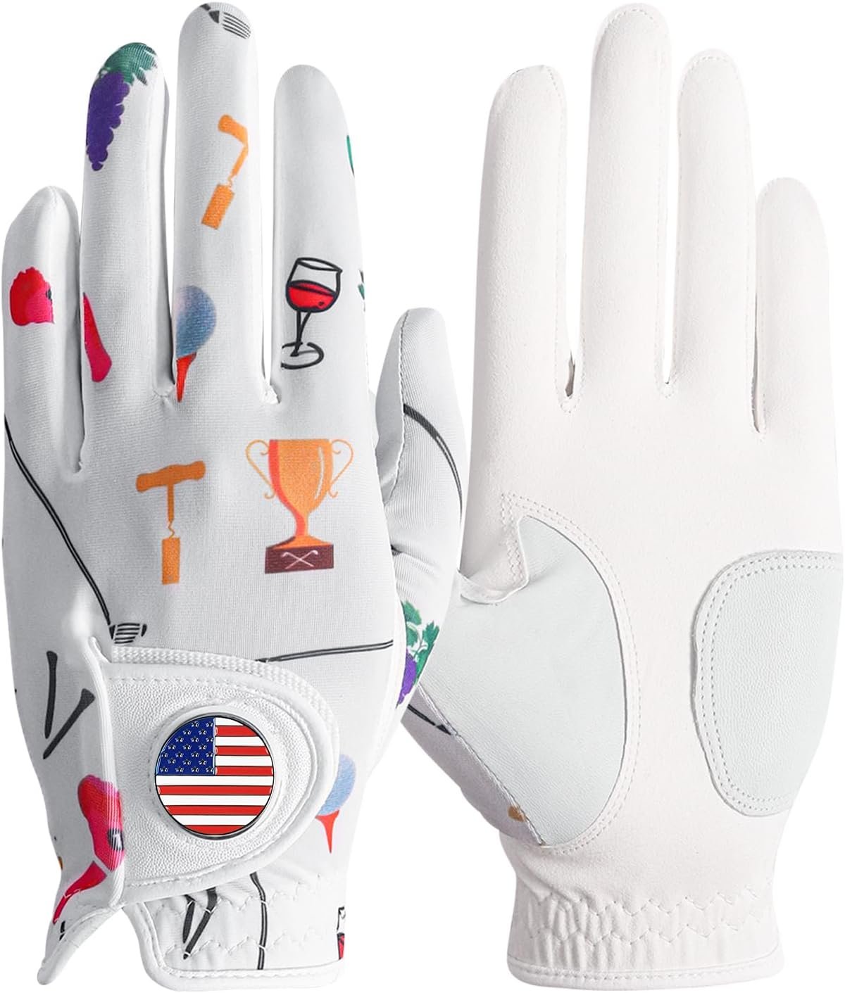 Amy Sport Womens Golf Glove with Ball Marker Rain Left Right Hand Leather Printed Pack, Ladies Golf Gloves All Weather Grip Breathable Soft Size Small Medium Large XL
