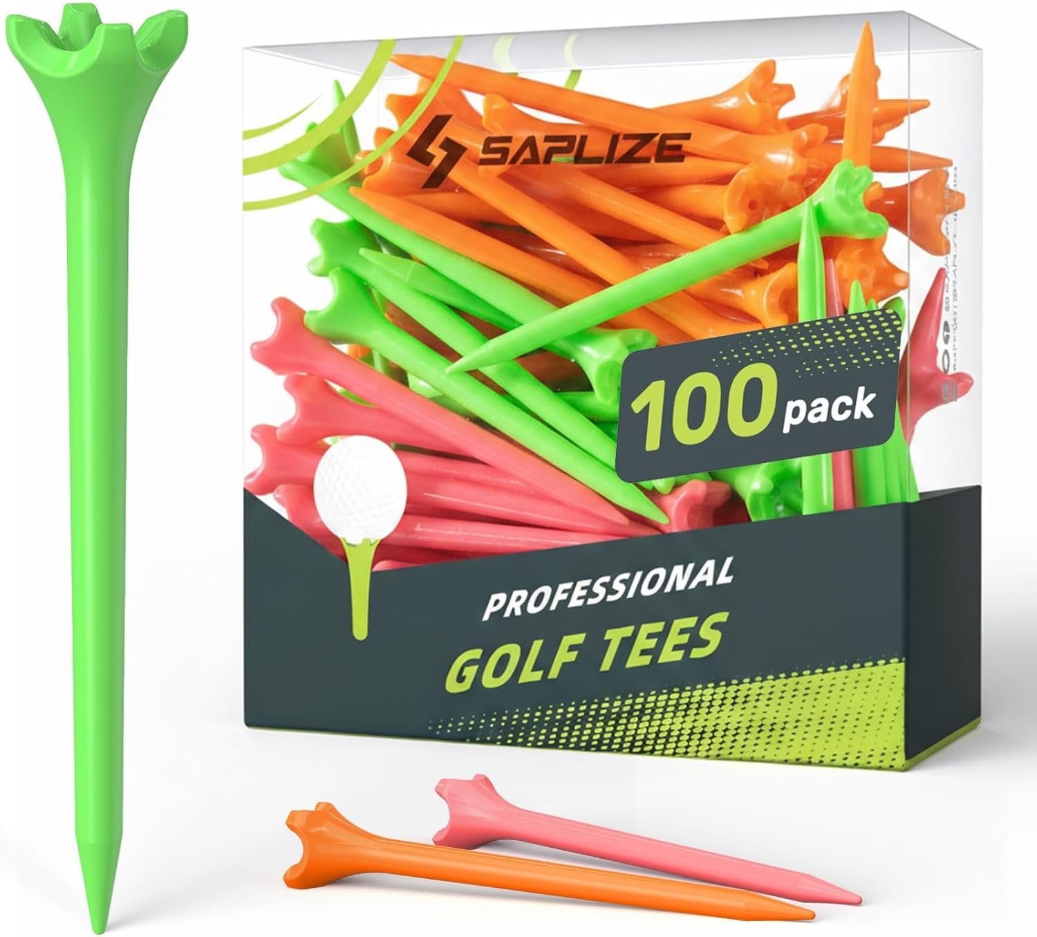 SAPLIZE Upgraded 4-Prong Golf Tees Plastic, 50/100/120 Pack (1-1/2″, 2-3/4”, 3-1/4″), Engineered to Reduce Friction & Side Spin