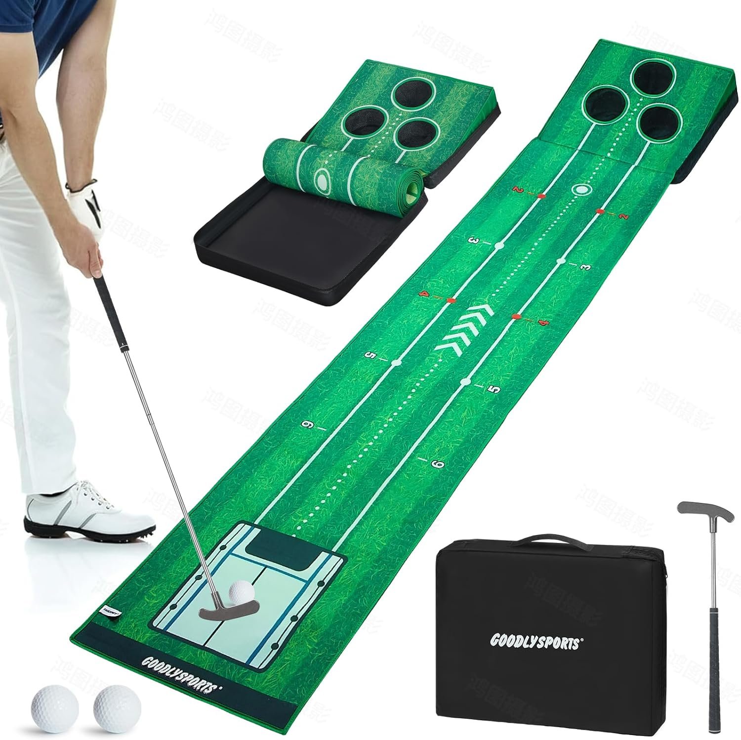 New Portable Golf Putting Mat, Mini Golf – Putting Green Indoor + Putting Green Outdoor – Putting Mat with 3 Balls + Retractable Push Rod (Youth) – Putting Matt for Indoors, Golf Gifts for Men Kids