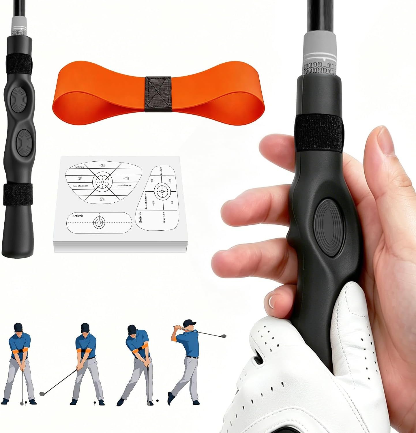 3-in-1 Golf Swing Trainer with Silicone Grip Trainer, Arm Band & Impact Tape, Golf Training Aid System for Beginners & Tempo Training for Advanced, Click Feedback, Arm Connection, Right/Left-Handed