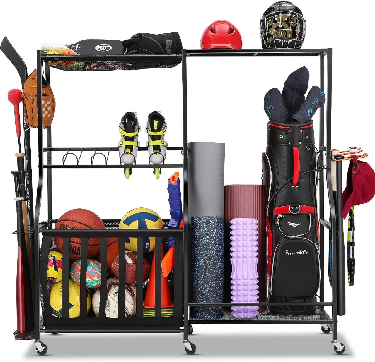 EXTCCT Garage Sports Equipment Organizer with Wheels – Golf Bag Storage Rack and Ball Storage Bins, Heavy Duty Rolling Garage Organizer System with Basket and Hooks for Indoor (Black-Large)
