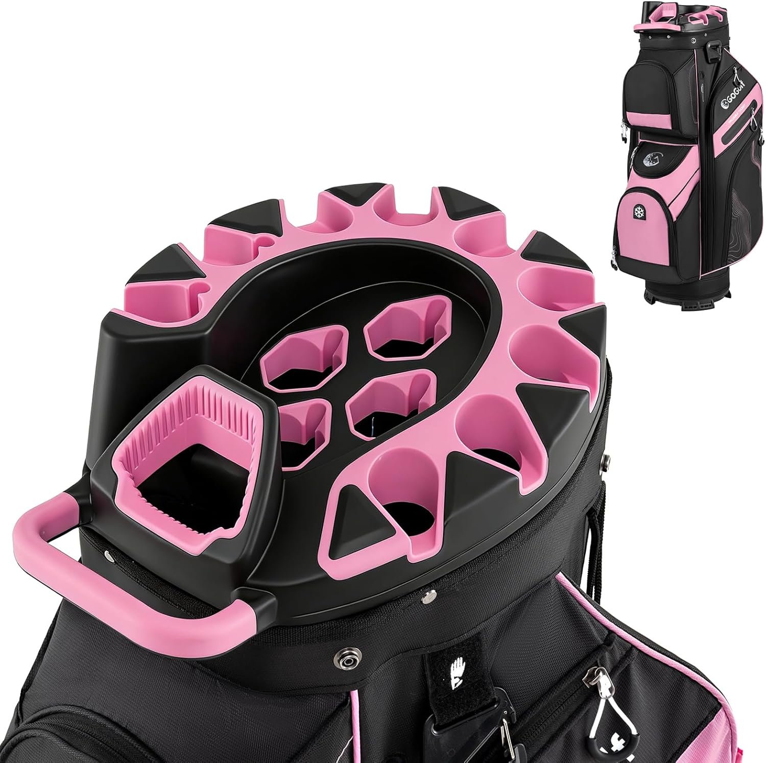 Tangkula Golf Cart Bag with 14-Way Full Length Dividers, 6 Molded Lock Top Golf Club Bag with 11 Pockets, Cooler Bag, Padded Strap, Handles, Umbrella Holder & Rain Hood