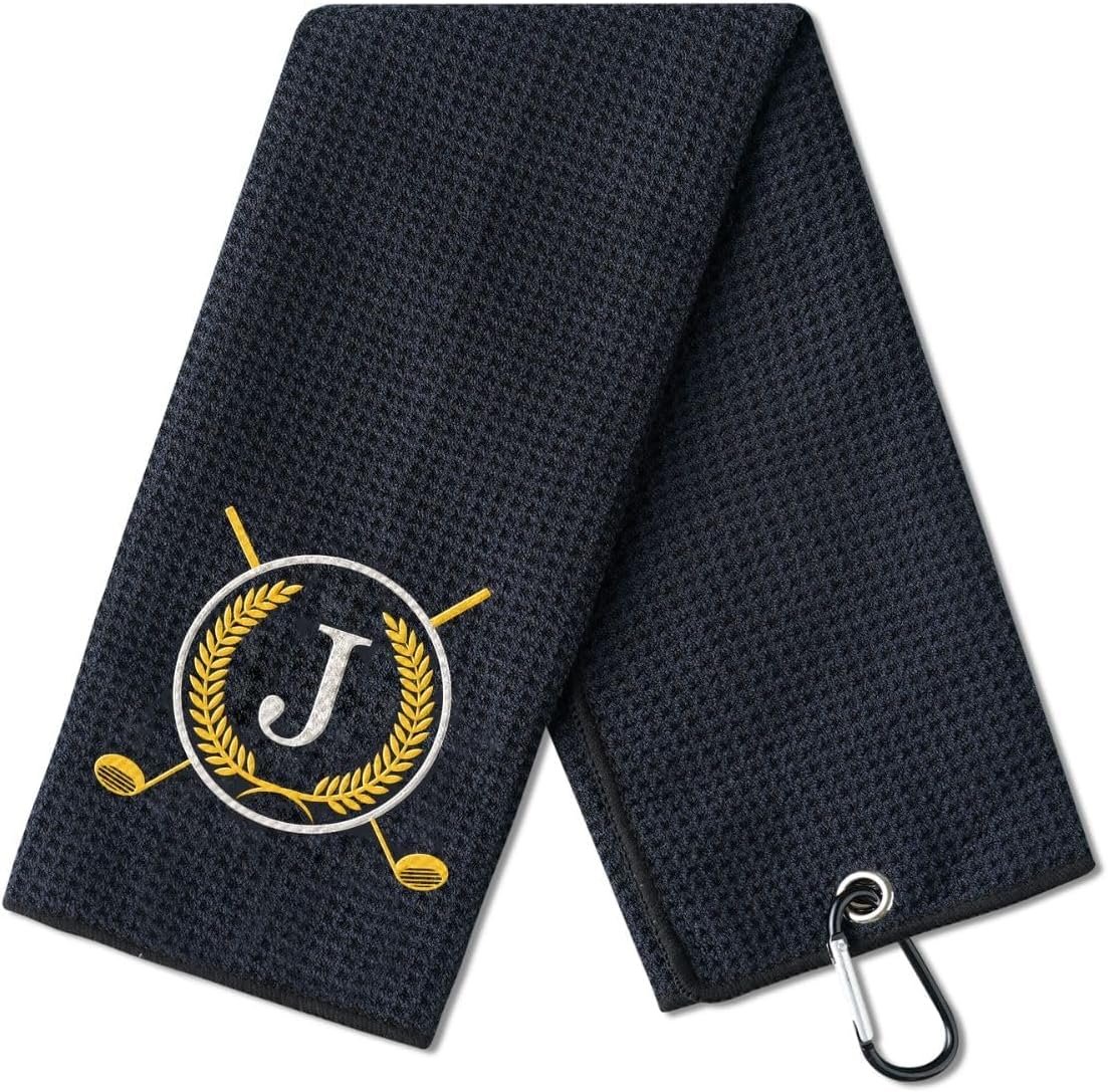 Golf Towel Gifts – Microfiber Golf Towels for Men and Women on Birthday, Christmas, 16’x 24′, Black, Initial J