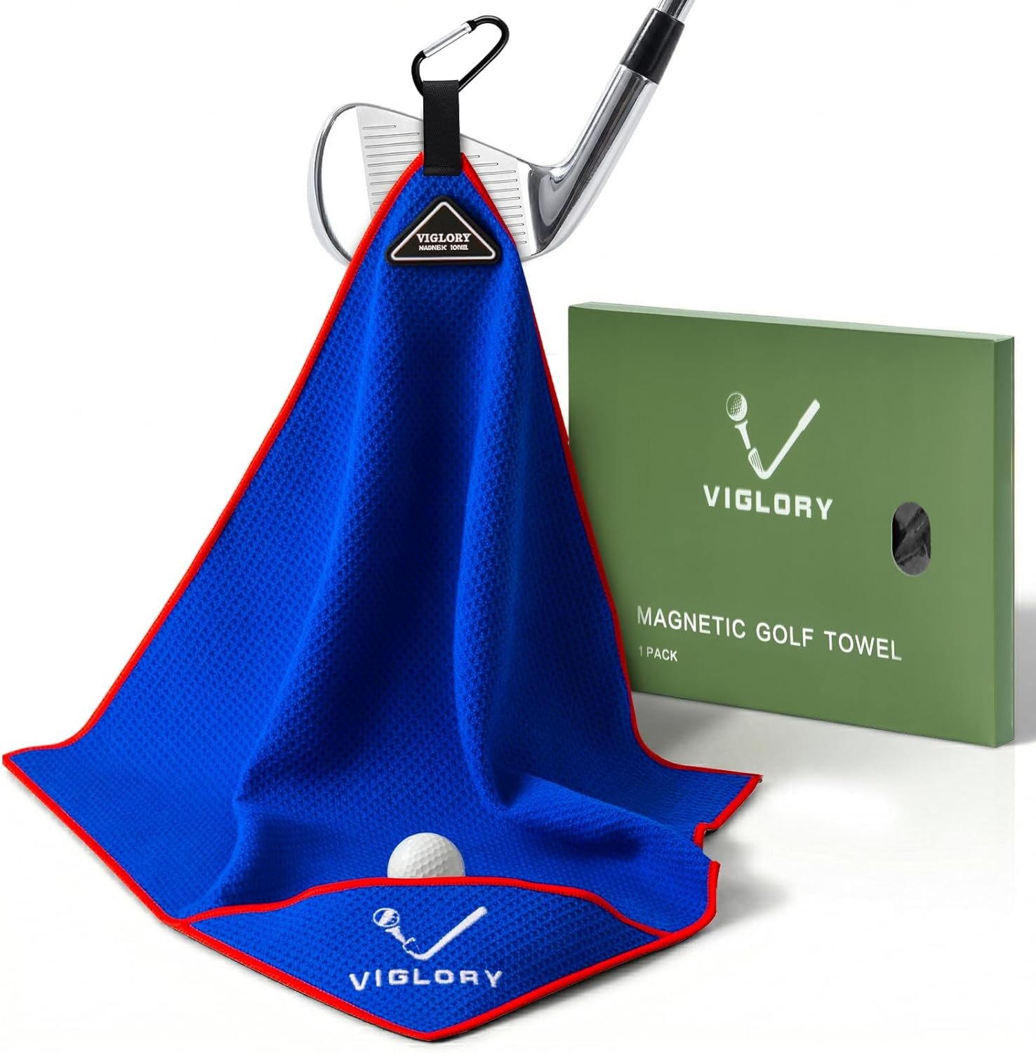 Magnetic Golf Towel 18″x18″ with Cleaning Pocket, No-Bend Back Saver Design, Ultra Absorbent Waffle Microfiber Club Ball Cleaner, Golf Accessories and Gifts for Men Women (Blue)