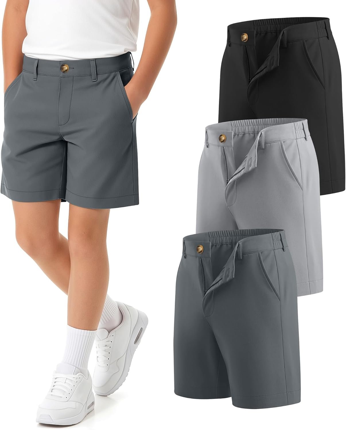 3 Pack Boys Golf Shorts Chino Back Elastic Waist Flat Front Twill School Uniform Shorts with Pockets for Kids