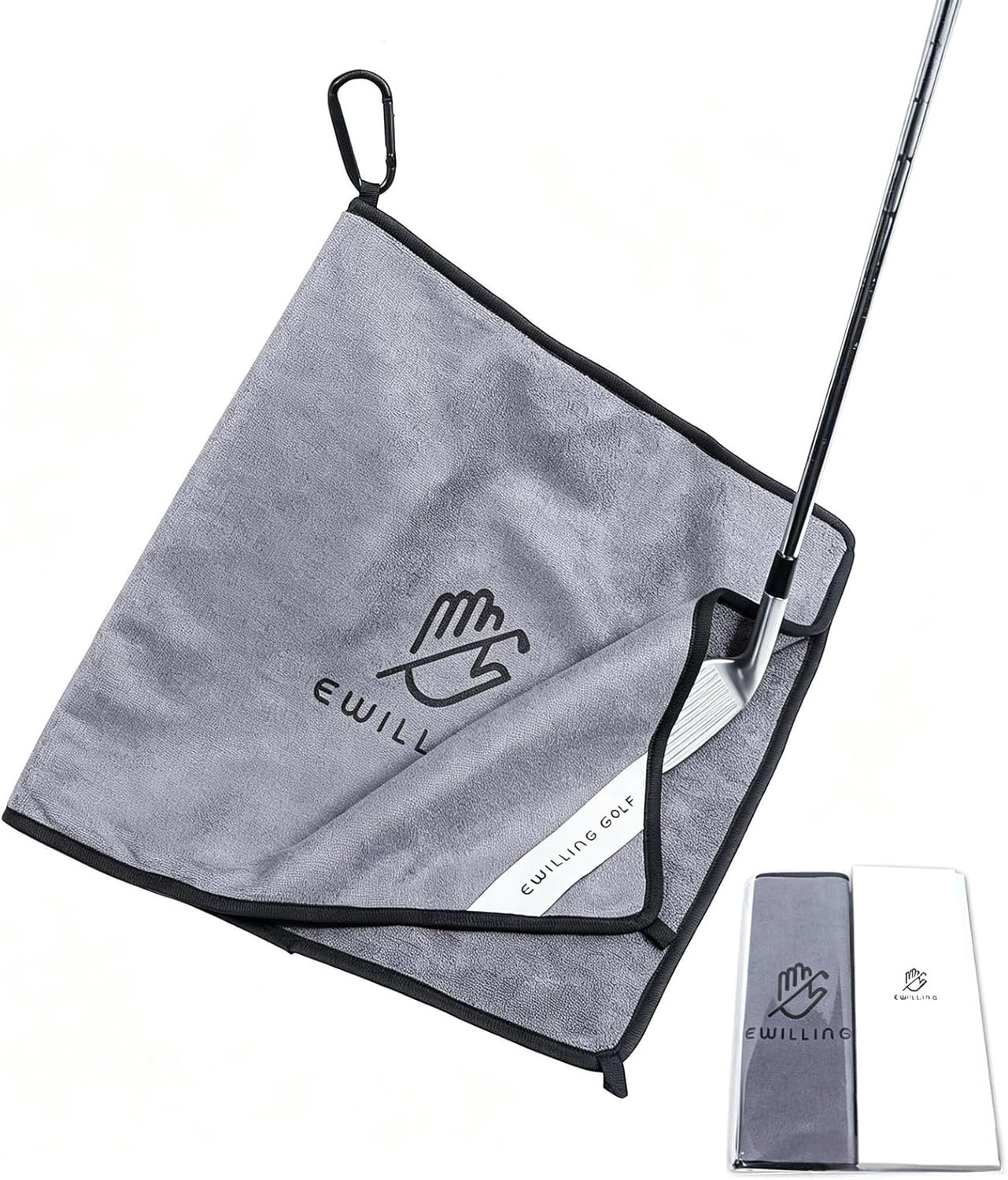 Premium Microfiber Golf Towel (14″x14″), Dual Layer Design with Carabiner Clip, Heavy Duty Golf Towel for Cleaning Golf Clubs & Balls, Essential Golf Accessories for Men & Women(Grey)