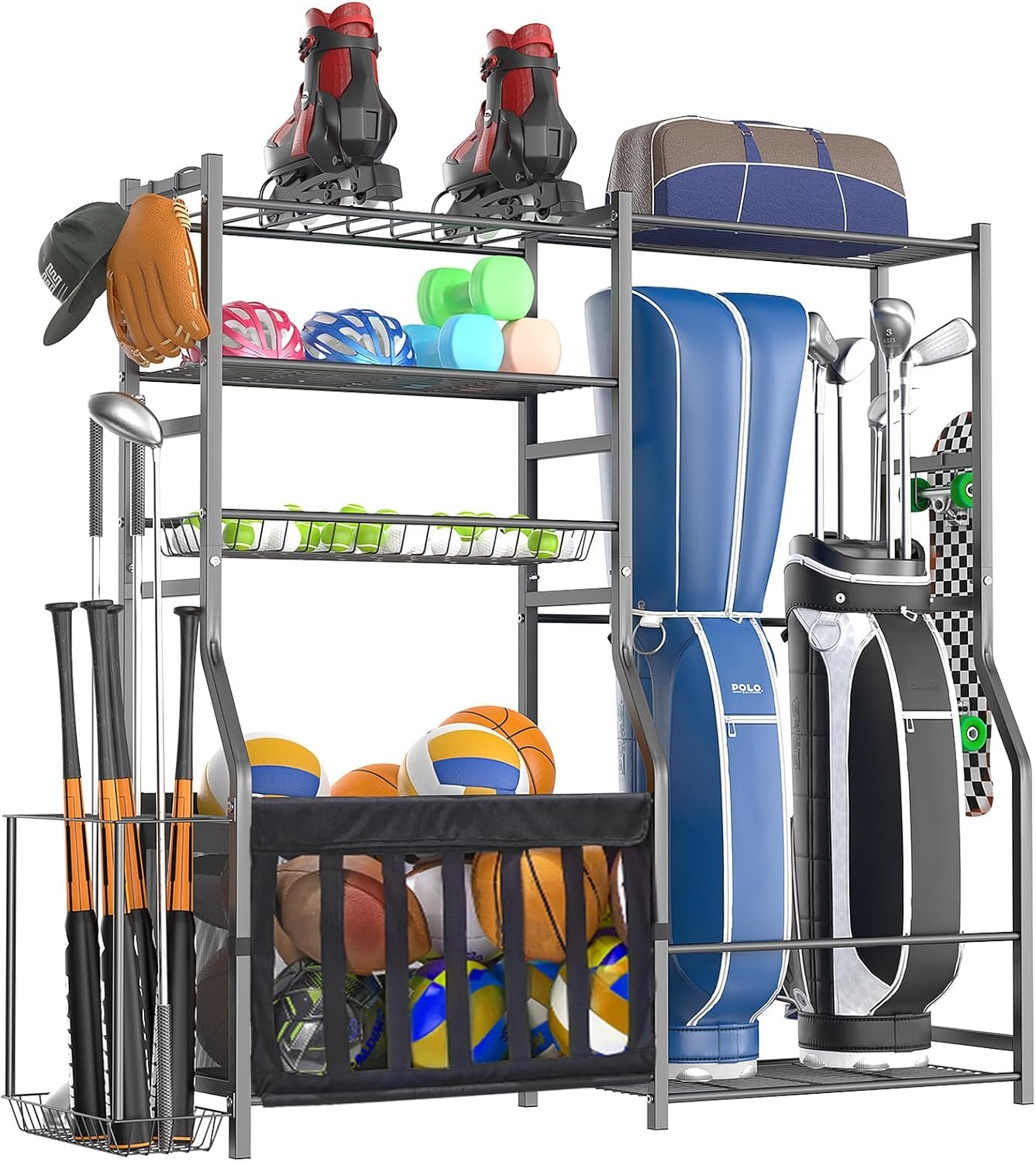 Heavy Duty Garage Sports Equipment Organizer, All-in-One Golf Bag Storage Rack & Multi-Sport Ball Holder for Basketballs, Bats & Kids Toys, Indoor/Outdoor Free Standing Gear Bin