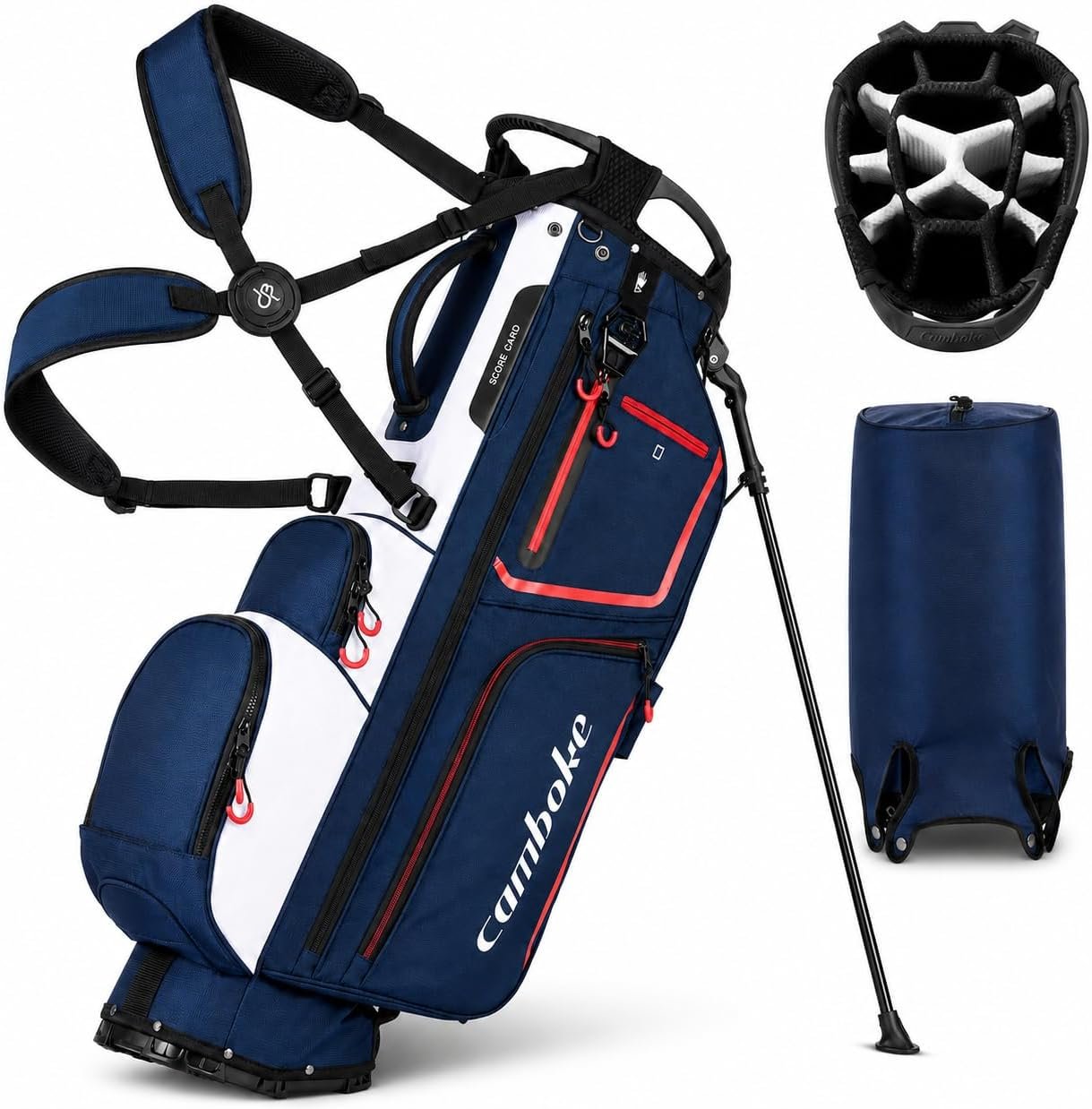 14-Way Full-Length Divider Golf Stand Bag, Premium PU Leather,Waterproof Exterior, 9-Pocket Storage with Insulated Cooler, Foam-Padded,Club Protection, Dual Strap System, Snap-On Rain Hood