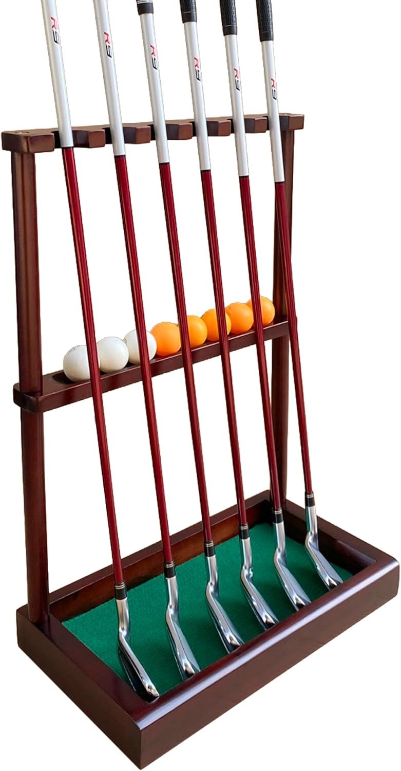 Golf Club Rack Stand, Solid Wood Golf Club & Putter Display Rack, Golf Club Organizer Holds Up to 6 Clubs with Ball Storage, Floor Rack for Indoor Golf Simulator, Office or Home