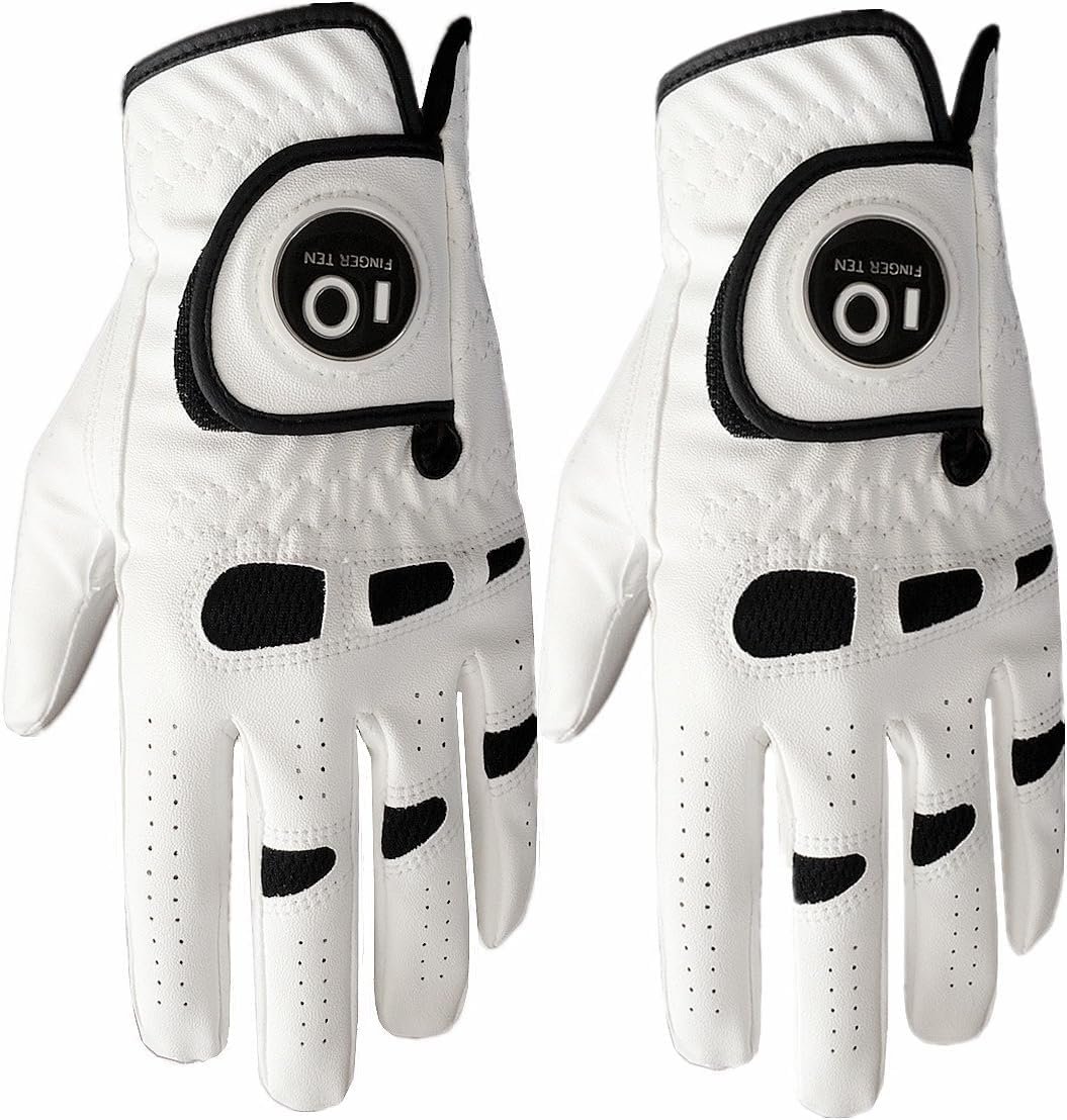 FINGER TEN Men’s Golf Gloves Left Hand Right with Ball Marker 2 Pack, Weathersof Grip Soft Comfortable, Fit Size Small Medium ML Large XL