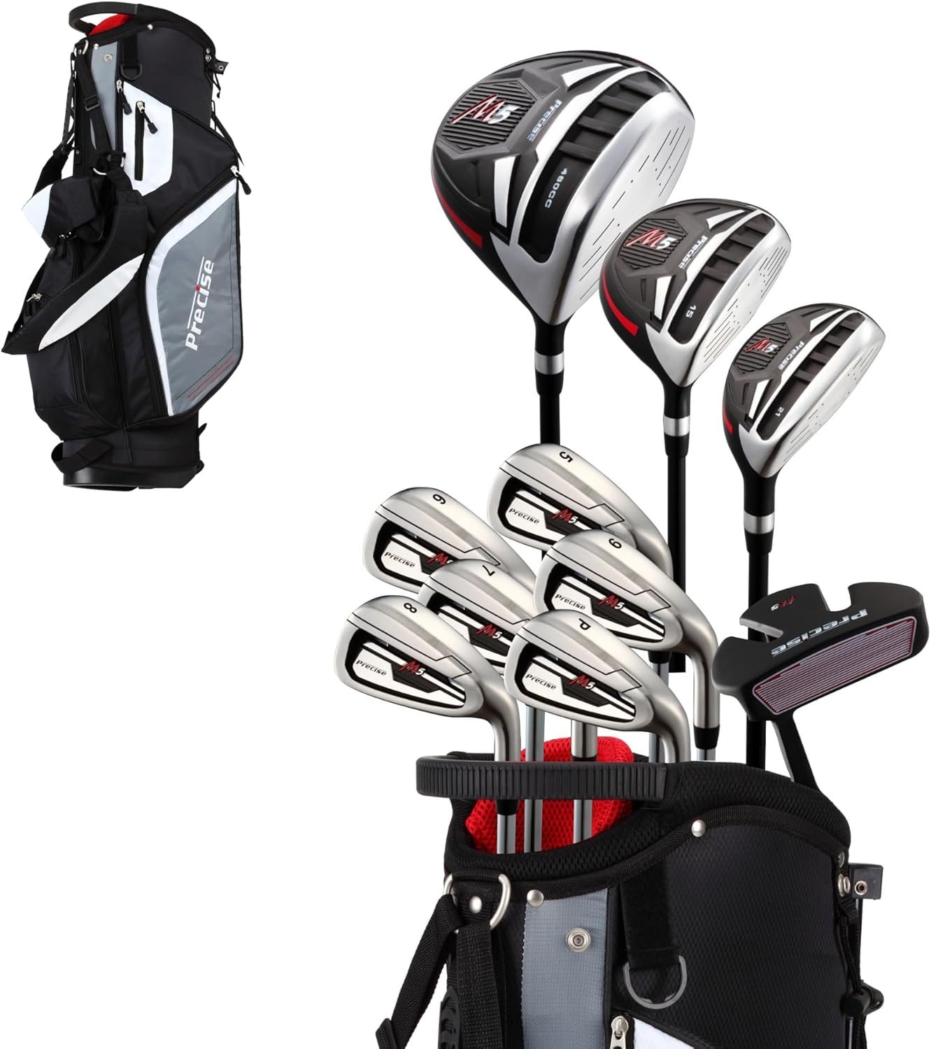 Precise M5 Men’s Golf Set – Driver, Wood, Hybrid, 5-PW Irons, Putter, Stand Bag and 3 Headcovers – All Graphite Shafts