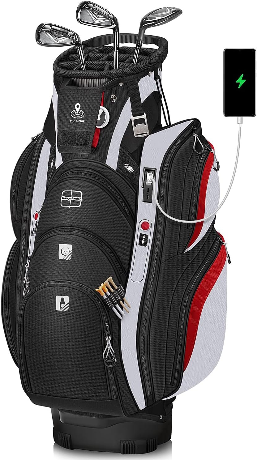 Vancropak Golf Cart Bag, Golf Gifts for Men with 15 Way Divider Top, USB Charging Port, Waterproof Protective Rain Cover, Shoe Compartment, Cooler Pocket, Tracker Slot, Umbrella Holder, Golfer Gifts