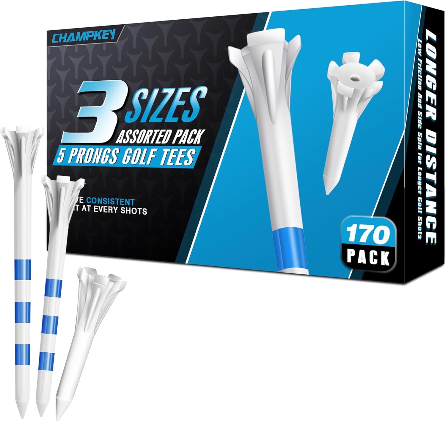 CHAMPKEY Professional 170 Pack 5-Prong Plastic Golf Tees 3 Sizes Assorted Pack – 100 Pcs 3-1/4″ with 40 Pcs 2-3/4″ and 30Pcs 1-1/2″ Golf Tees Plastic