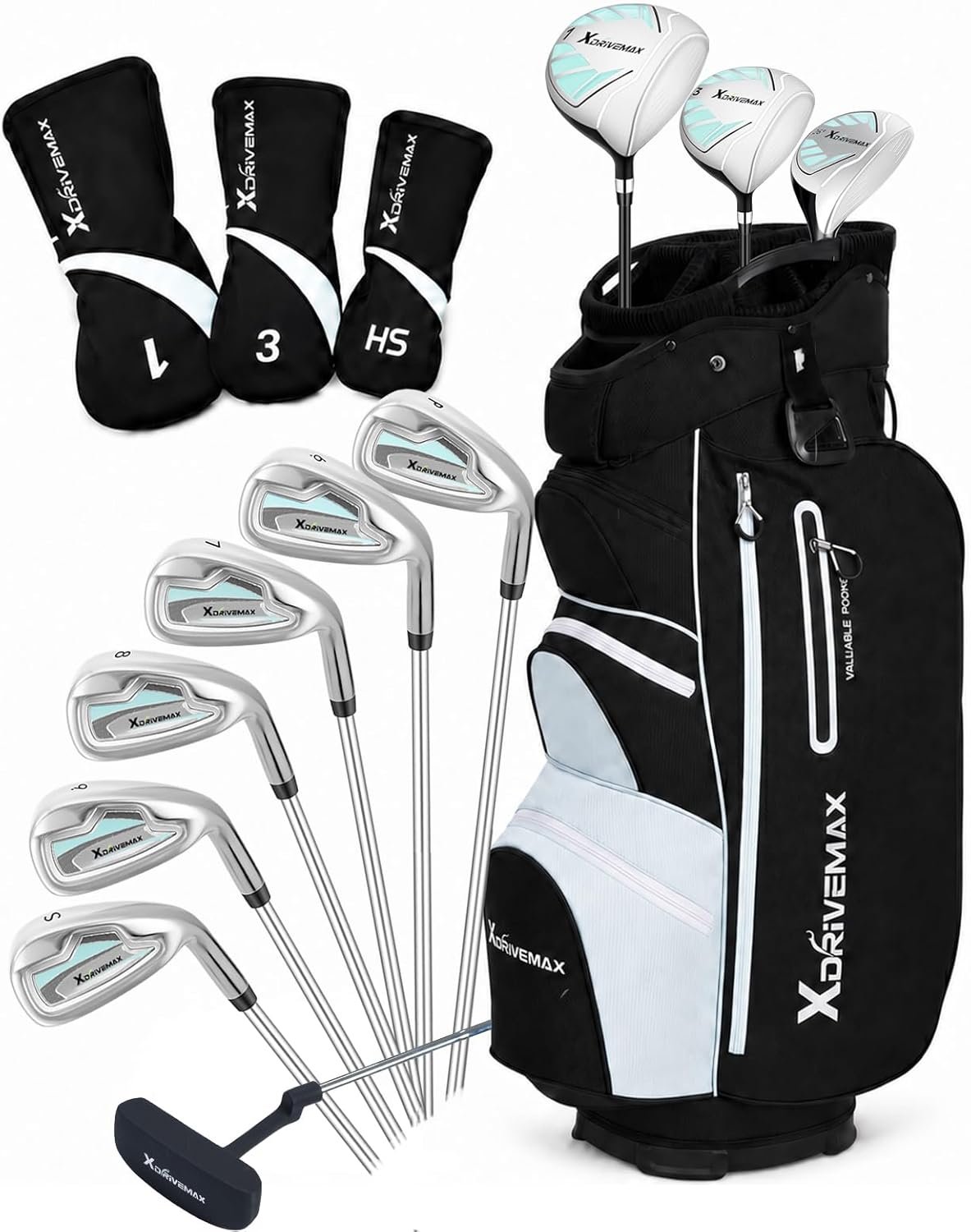 XDriverMax 14-Piece Women’s Golf Club Set for Beginners, Standard & Tall Lengths, Right/Left Handed, Driver, Fairway, Hybrid, 6-SW Irons, Putter, Cart Bag & 3 Headcovers