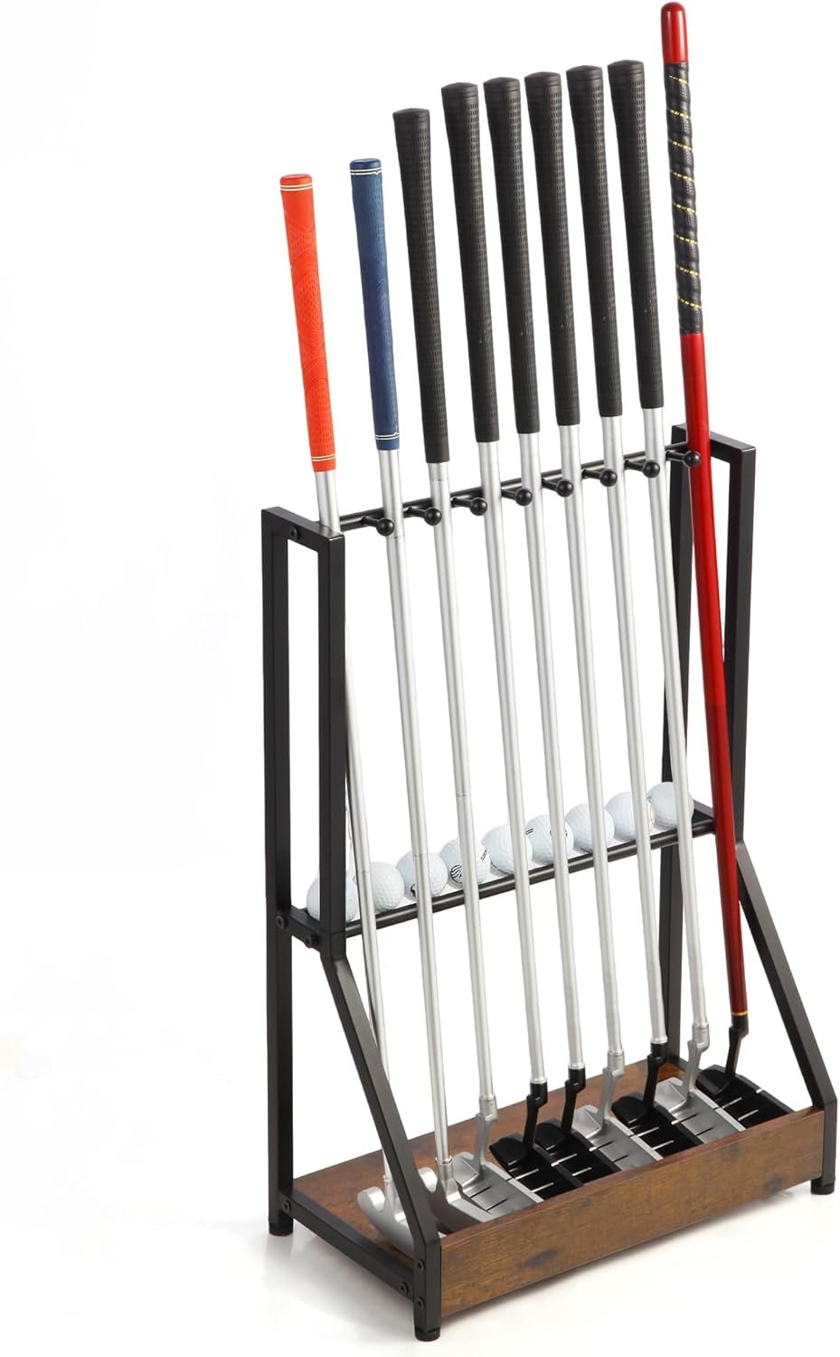 Golf Club Holder for 9 Clubs & 9 Balls, Solid Wood & Iron Golf Organizer, Golf Putter Holder Floor Stand, Golf Club Stand Suitable for Golf Simulators｜Golf Course Accessories