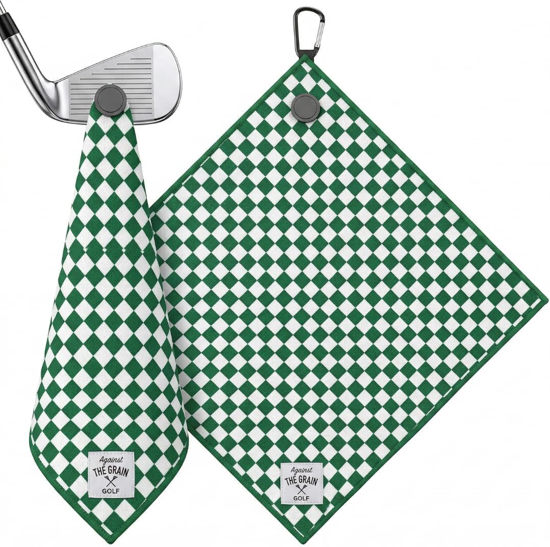 Magnetic Golf Towel for Golf Bags – Green & White Checkered Microfiber Golf Towel with Strong Magnet Clip, Soft Absorbent Waffle Weave, Quick Dry Golf Towel for Men & Golf Cart Accessories