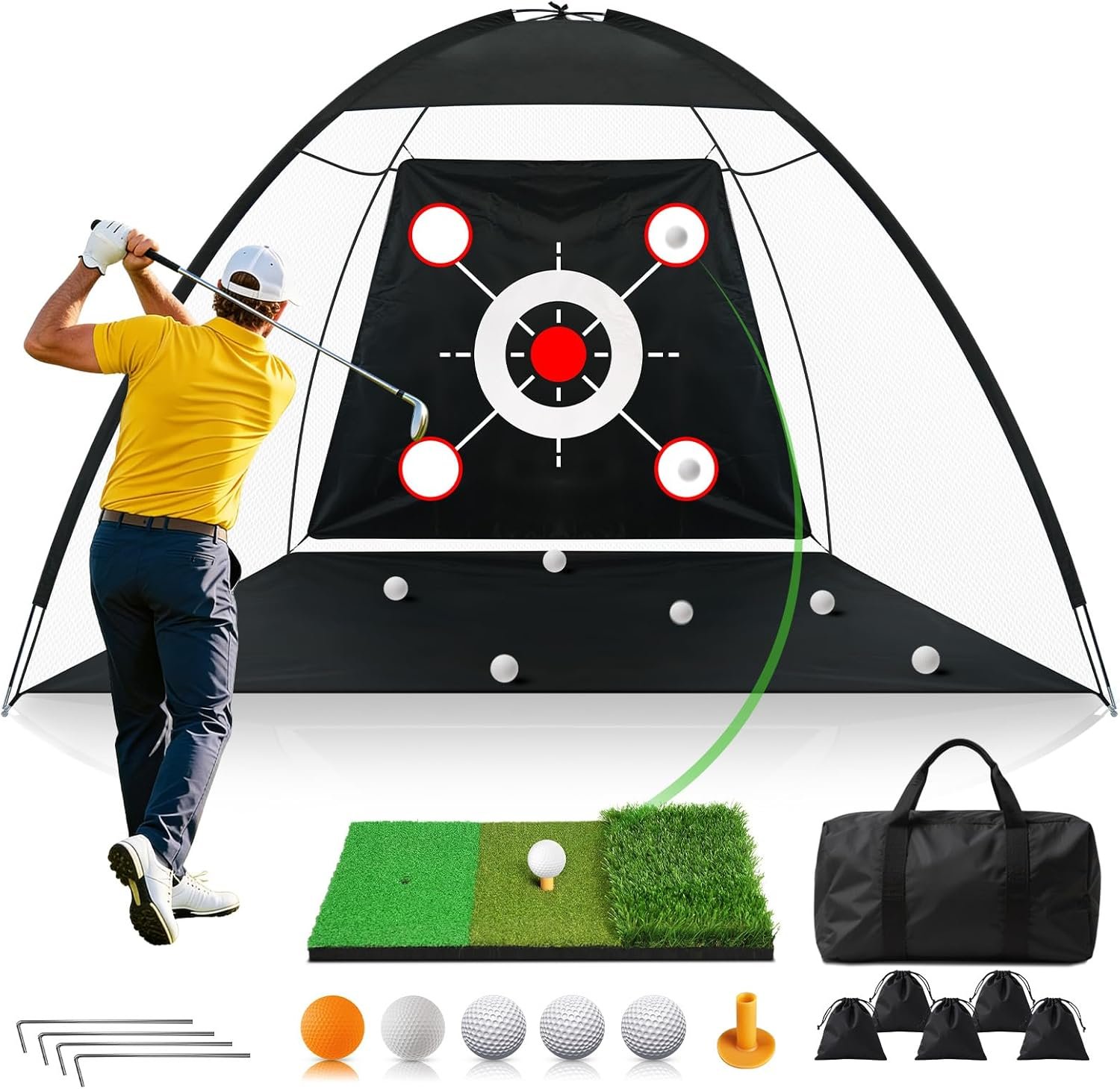 Golf Net 10x7FT All-in-One with Tri-Turf Practice Mat, Ball, Target & Carry Bag, Backyard & Indoor Outdoor Golf Hitting Net for Driving, Chipping, Swing Training, Golf Gift for Men, Dad, Him, Golfer