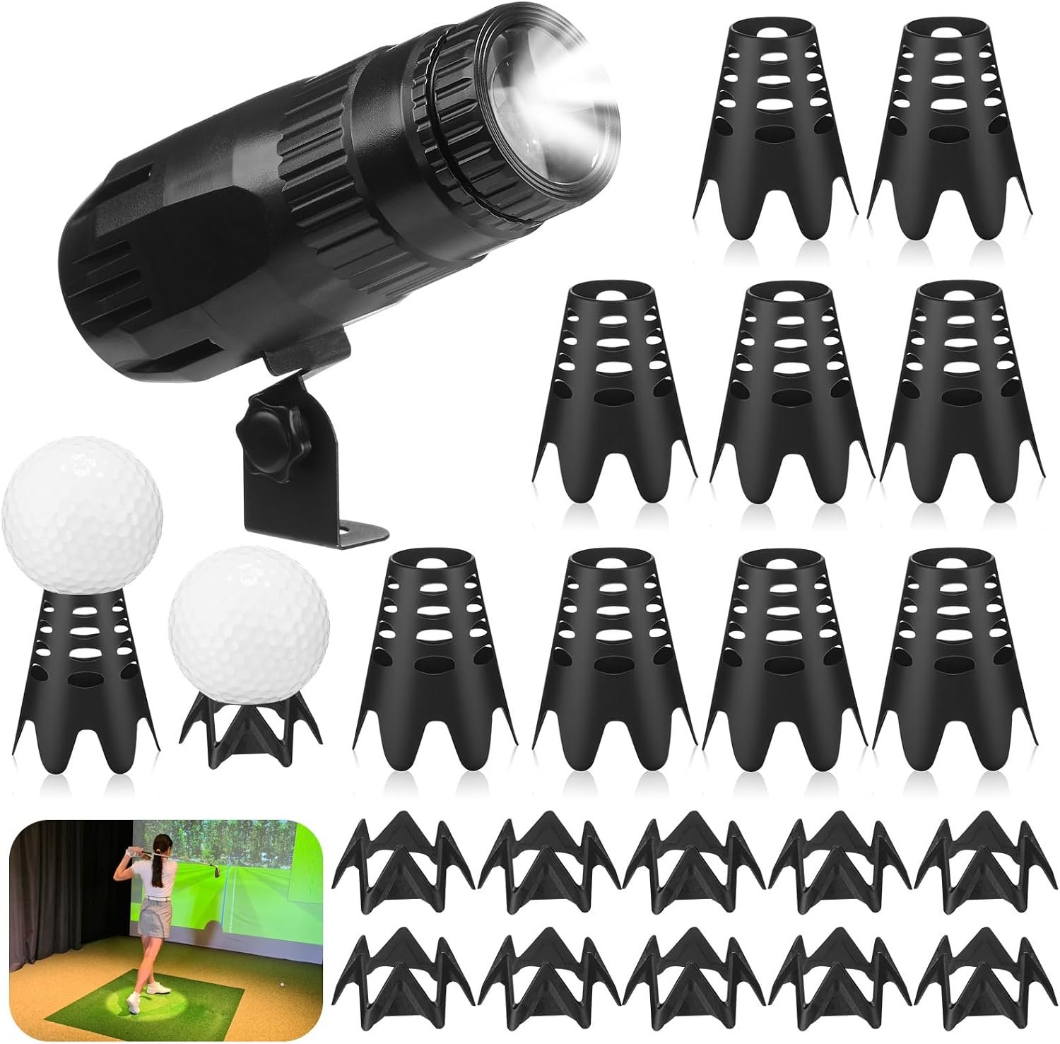 Glooglitter 1 Pack Golf Spot Light Indoor Simulator and 20 Pcs Plastic Tees Golf Simulator Pin Spot Light Super Bright Mirror Ball Spotlight for Indoor Ball Training DJ Disco Party(Adjustable)